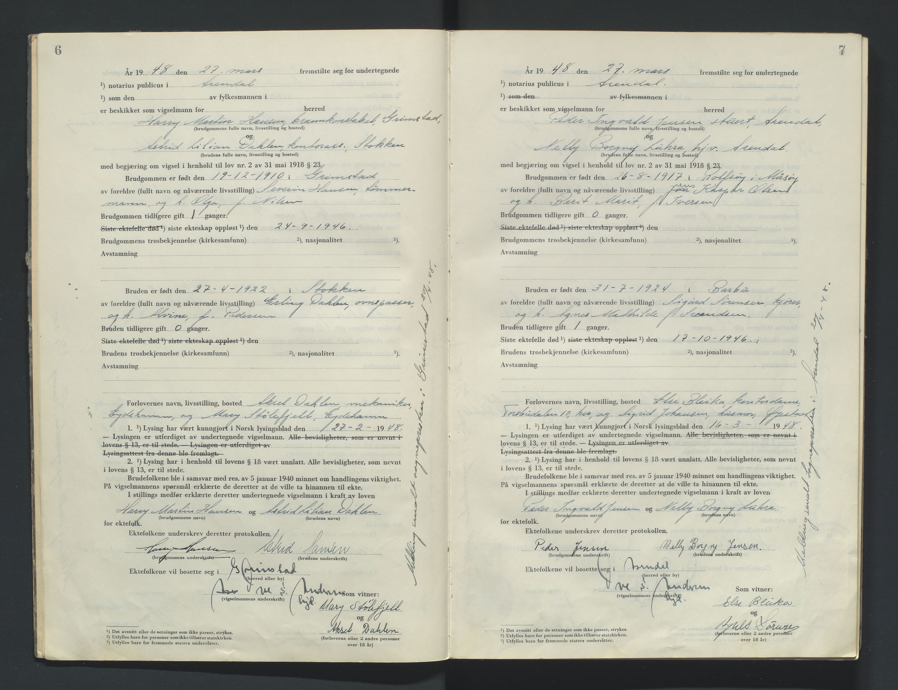 Nedenes sorenskriveri, AV/SAK-1221-0006/L/Ld/L0003/0001: Vigselsbøker / Vigselbok, 1948-1953, p. 6-7