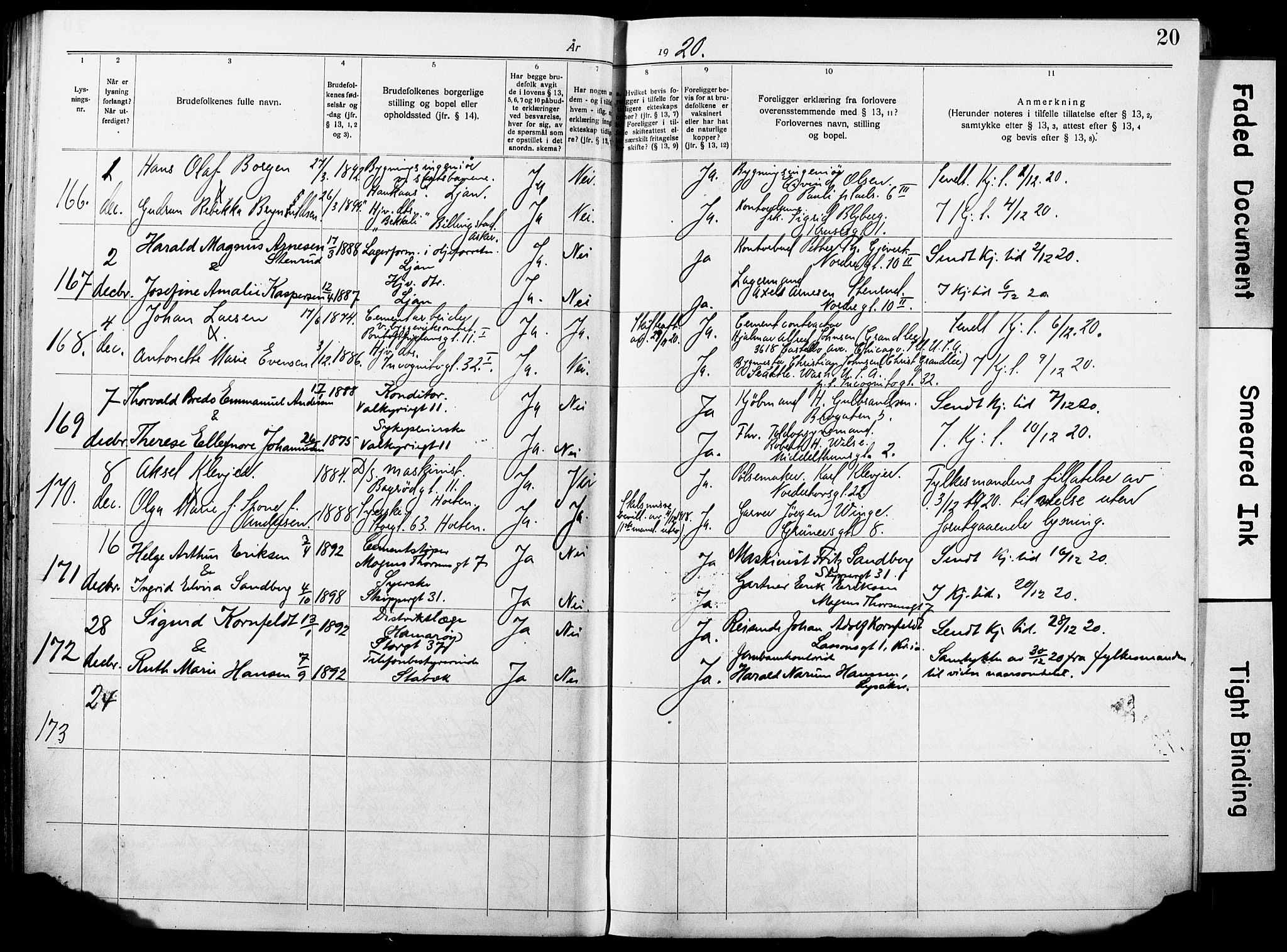Oslo domkirke Kirkebøker, AV/SAO-A-10752/H/Ha/L0006: Banns register no. 6, 1919-1928, p. 20