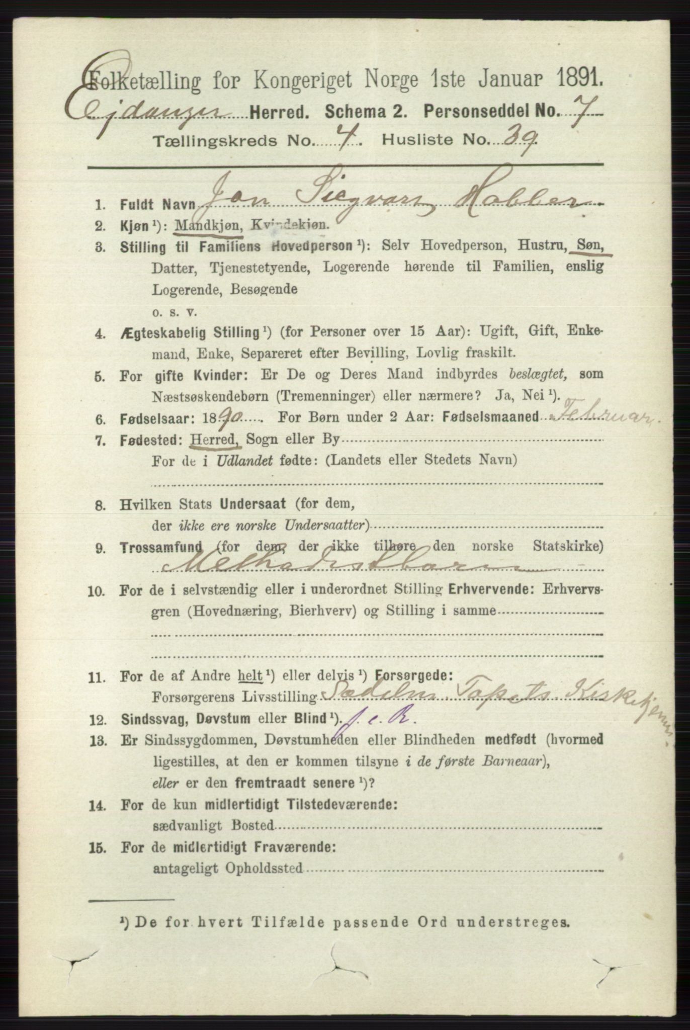 RA, 1891 census for 0813 Eidanger, 1891, p. 2213