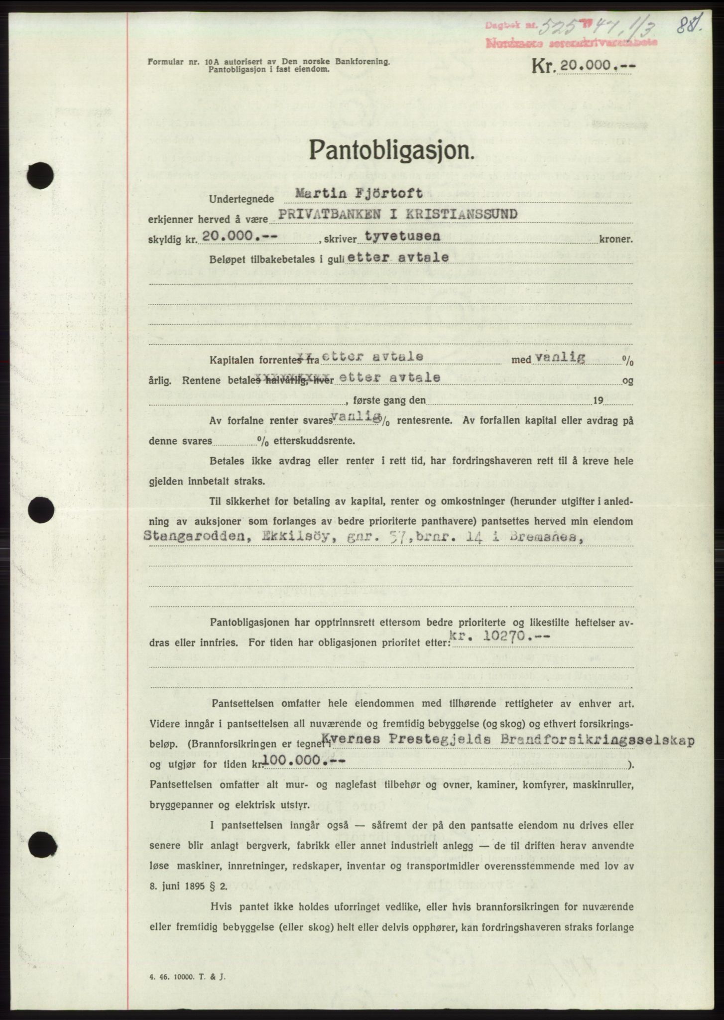 Nordmøre sorenskriveri, AV/SAT-A-4132/1/2/2Ca: Mortgage book no. B95, 1946-1947, Diary no: : 525/1947