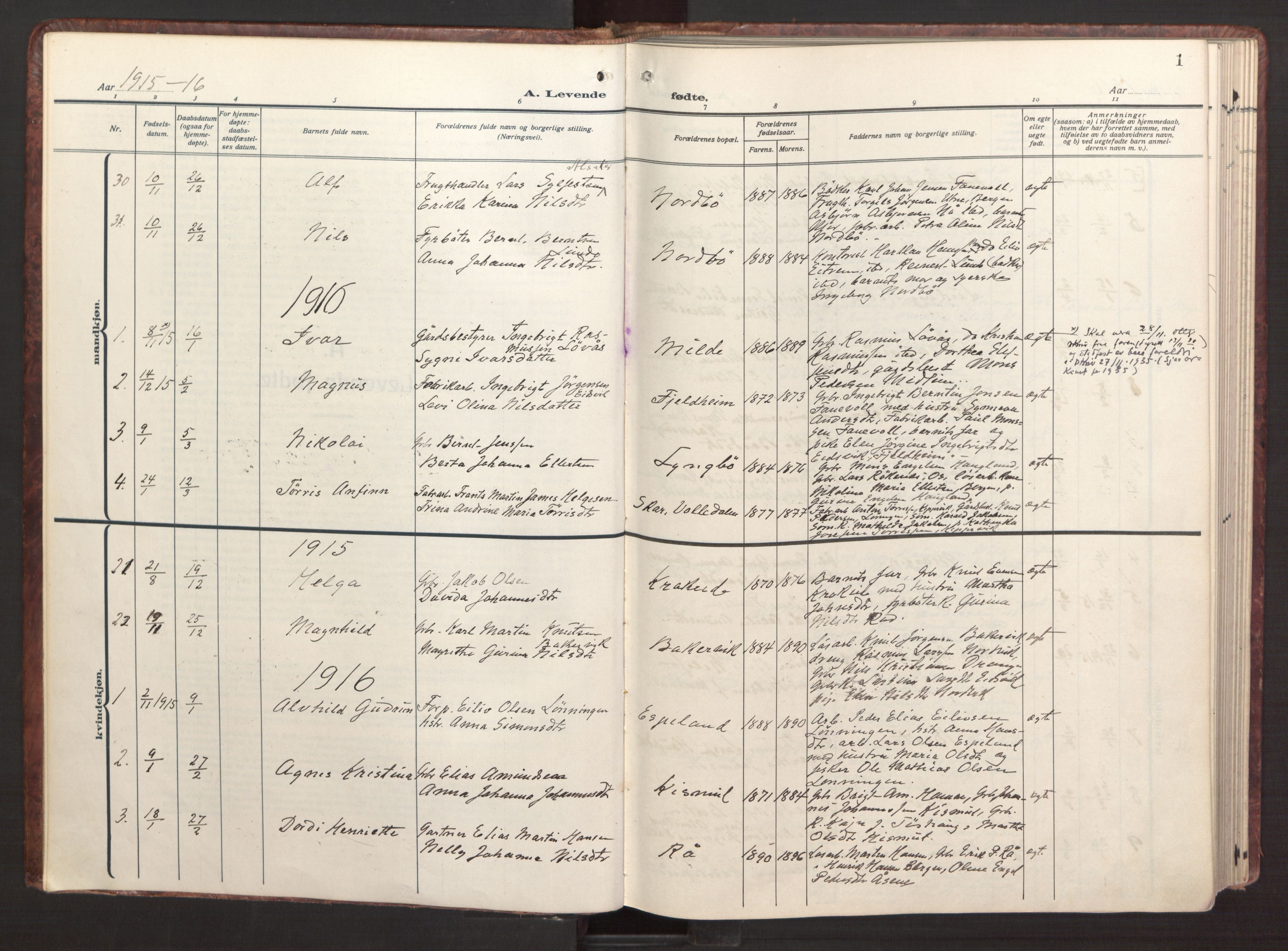 Fana Sokneprestembete, AV/SAB-A-75101/H/Haa/Haab/L0005: Parish register (official) no. B 5, 1915-1923, p. 1