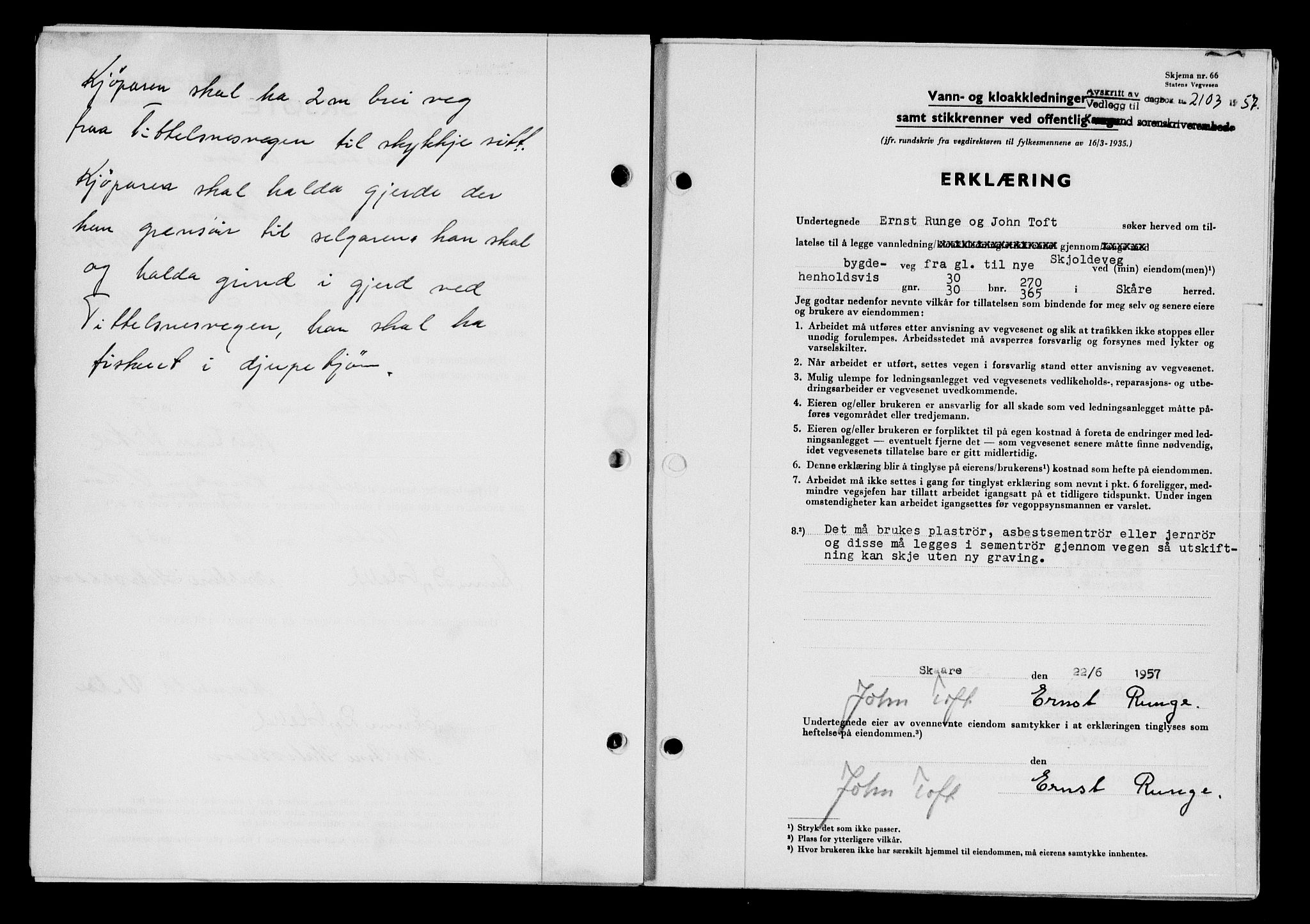 Karmsund sorenskriveri, AV/SAST-A-100311/01/II/IIB/L0125: Mortgage book no. 105A, 1957-1957, Diary no: : 2103/1957