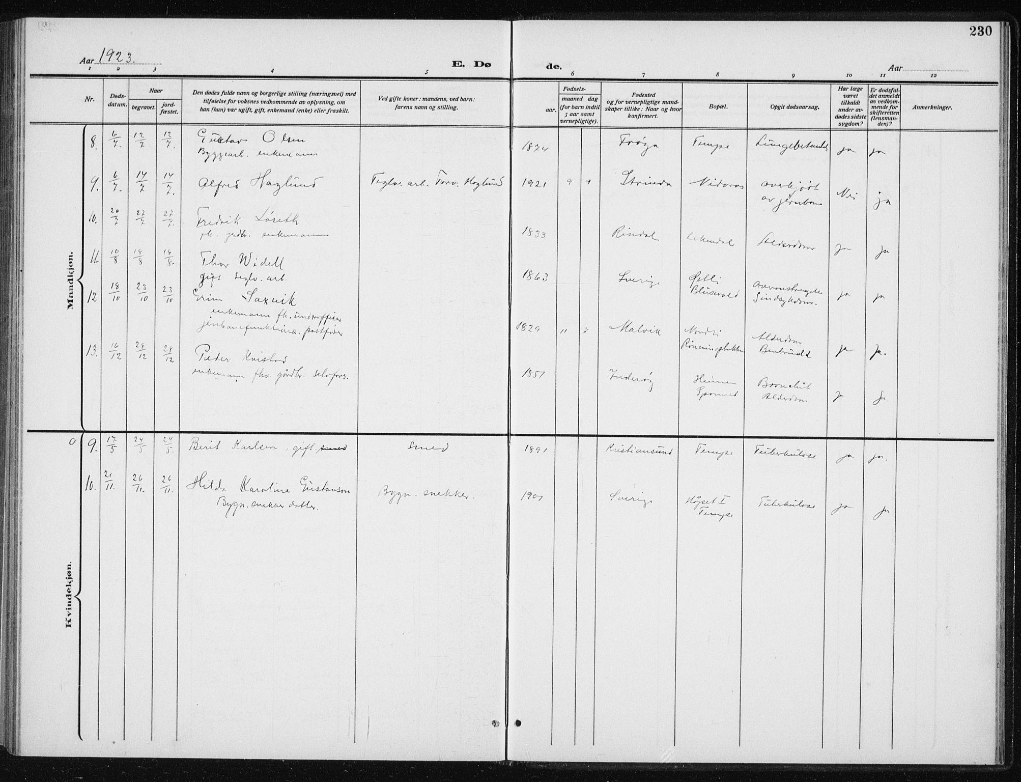 Ministerialprotokoller, klokkerbøker og fødselsregistre - Sør-Trøndelag, SAT/A-1456/606/L0314: Parish register (copy) no. 606C10, 1911-1937, p. 230