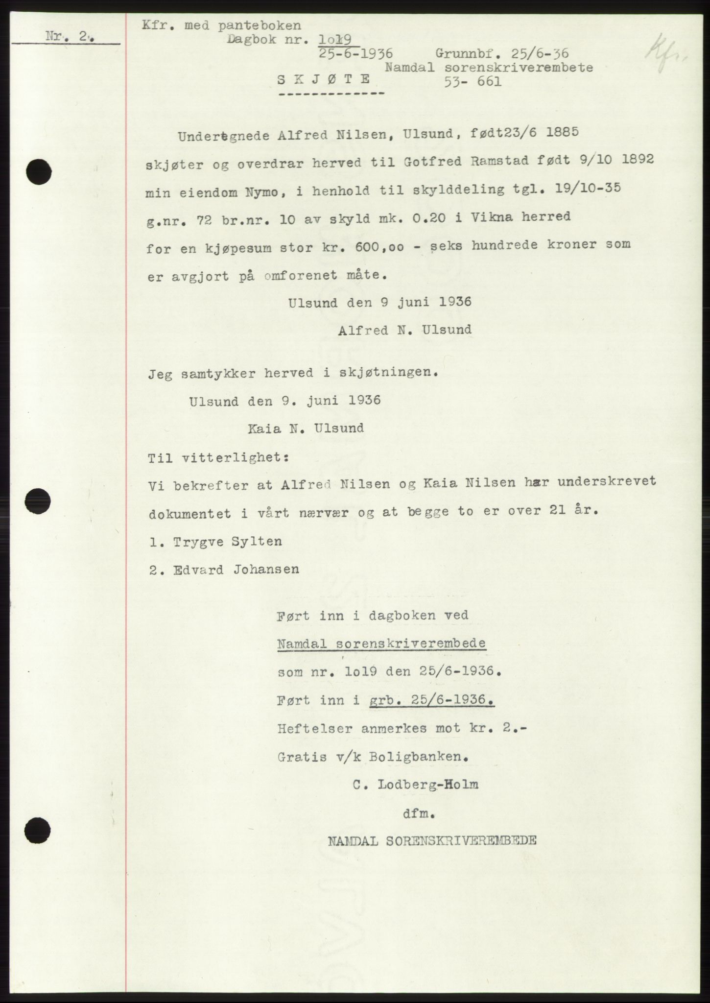 Namdal sorenskriveri, AV/SAT-A-4133/1/2/2C: Mortgage book no. -, 1935-1936, Deed date: 25.06.1936