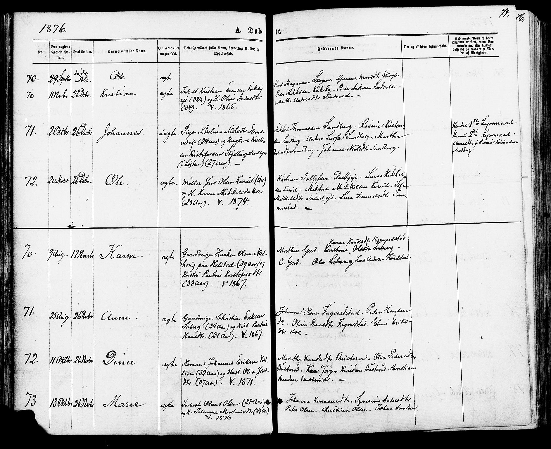Vang prestekontor, Hedmark, SAH/PREST-008/H/Ha/Haa/L0015: Parish register (official) no. 15, 1871-1885, p. 74