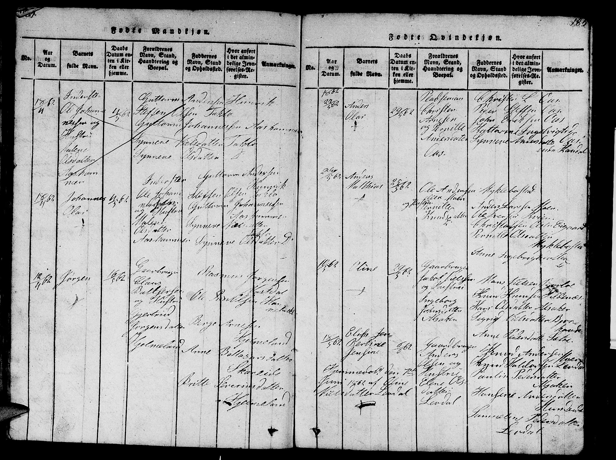 Eid sokneprestembete, AV/SAB-A-82301/H/Hab/Haba/L0001: Parish register (copy) no. A 1, 1816-1862, p. 184-185