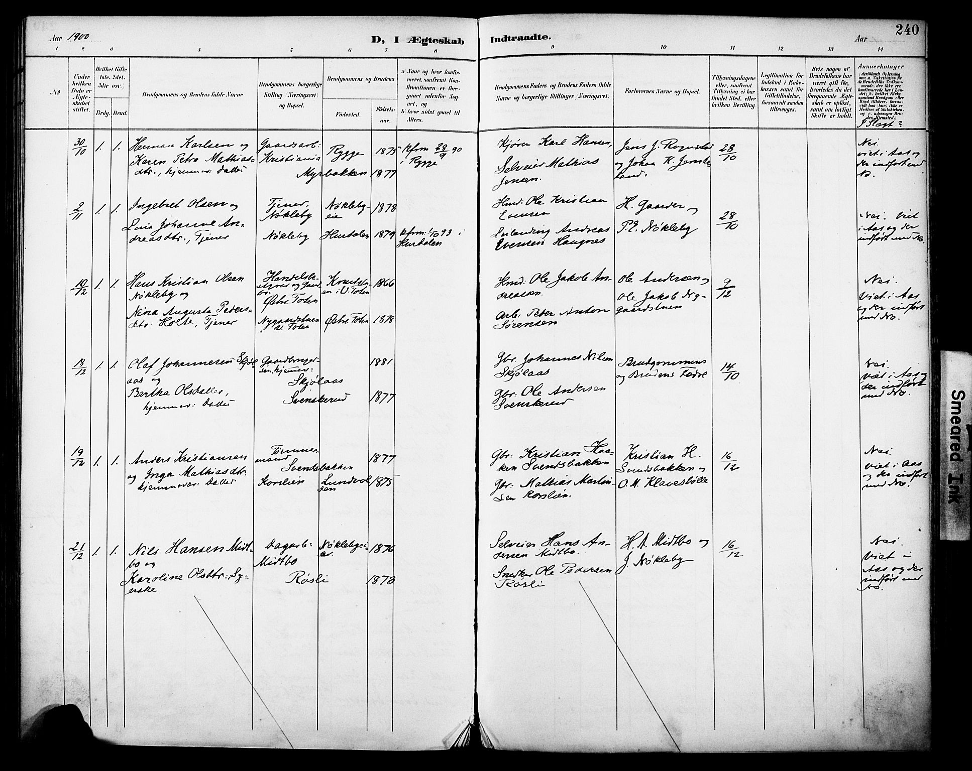 Vestre Toten prestekontor, SAH/PREST-108/H/Ha/Haa/L0013: Parish register (official) no. 13, 1895-1911, p. 240
