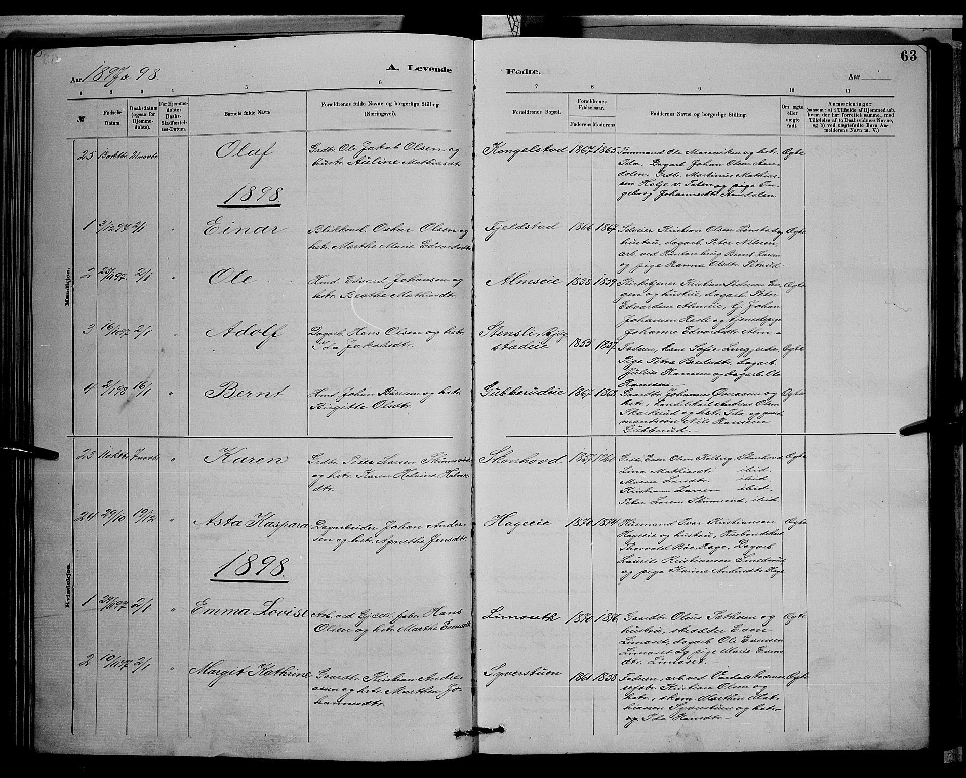Vardal prestekontor, SAH/PREST-100/H/Ha/Hab/L0008: Parish register (copy) no. 8, 1881-1898, p. 63