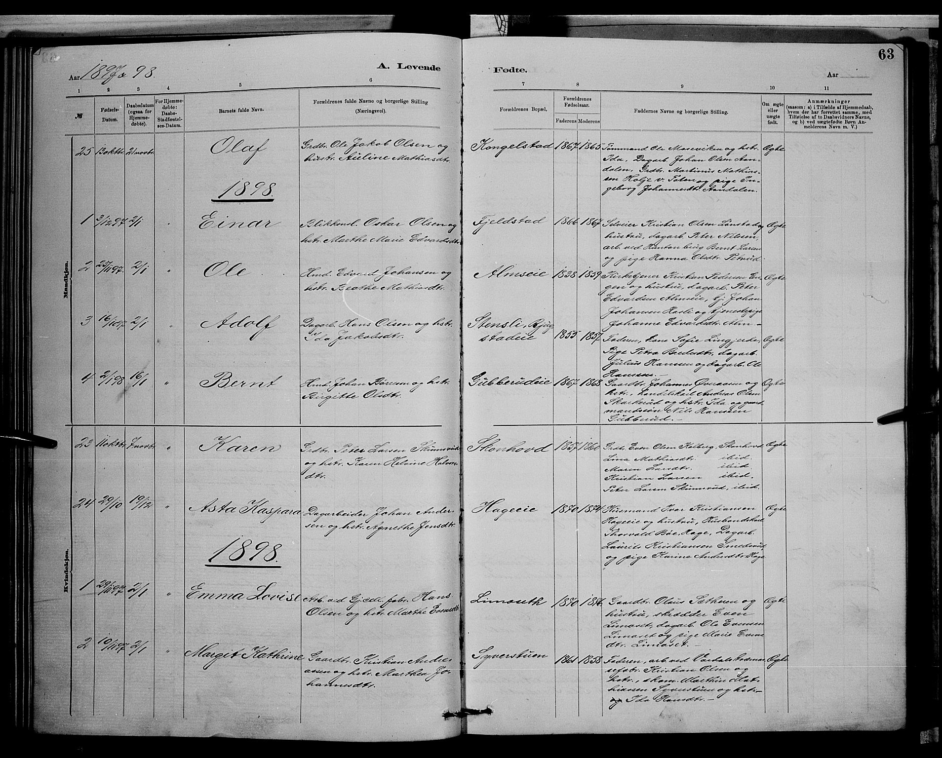 Vardal prestekontor, AV/SAH-PREST-100/H/Ha/Hab/L0008: Parish register (copy) no. 8, 1881-1898, p. 63