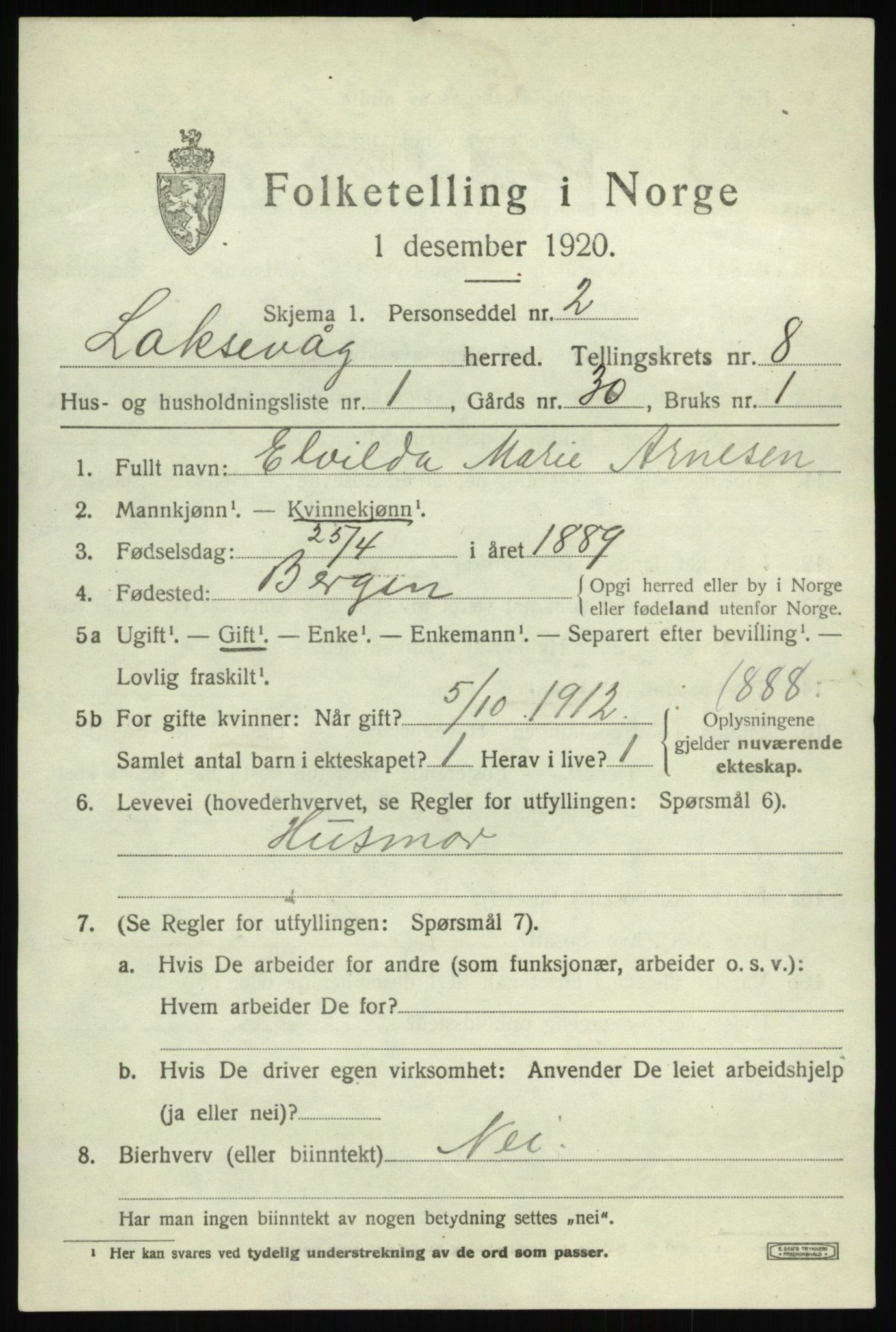 SAB, 1920 census for Laksevåg, 1920, p. 18692