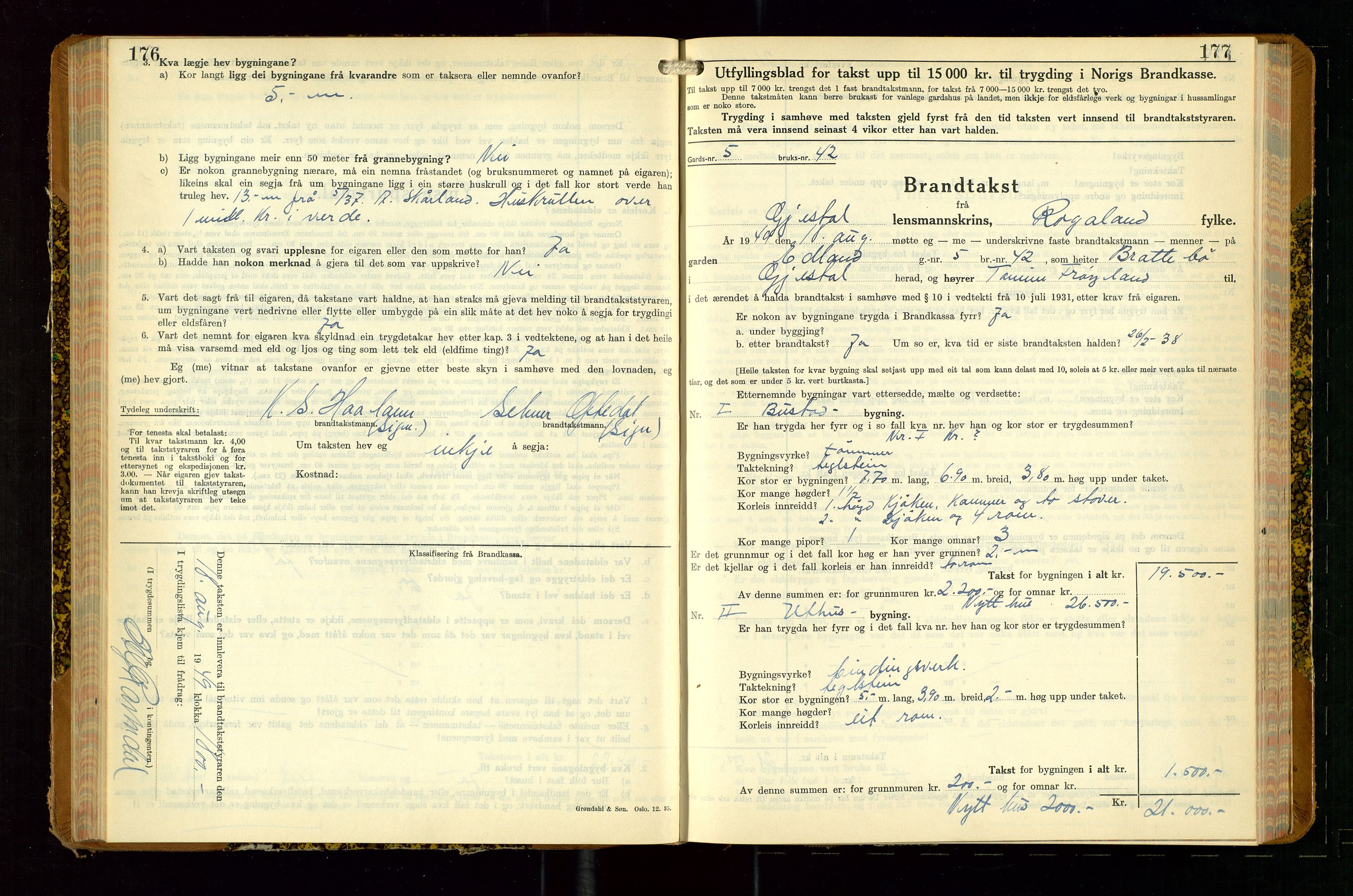 Gjesdal lensmannskontor, SAST/A-100441/Go/L0008: Branntakstskjemaprotokoll, 1937-1955, p. 176-177
