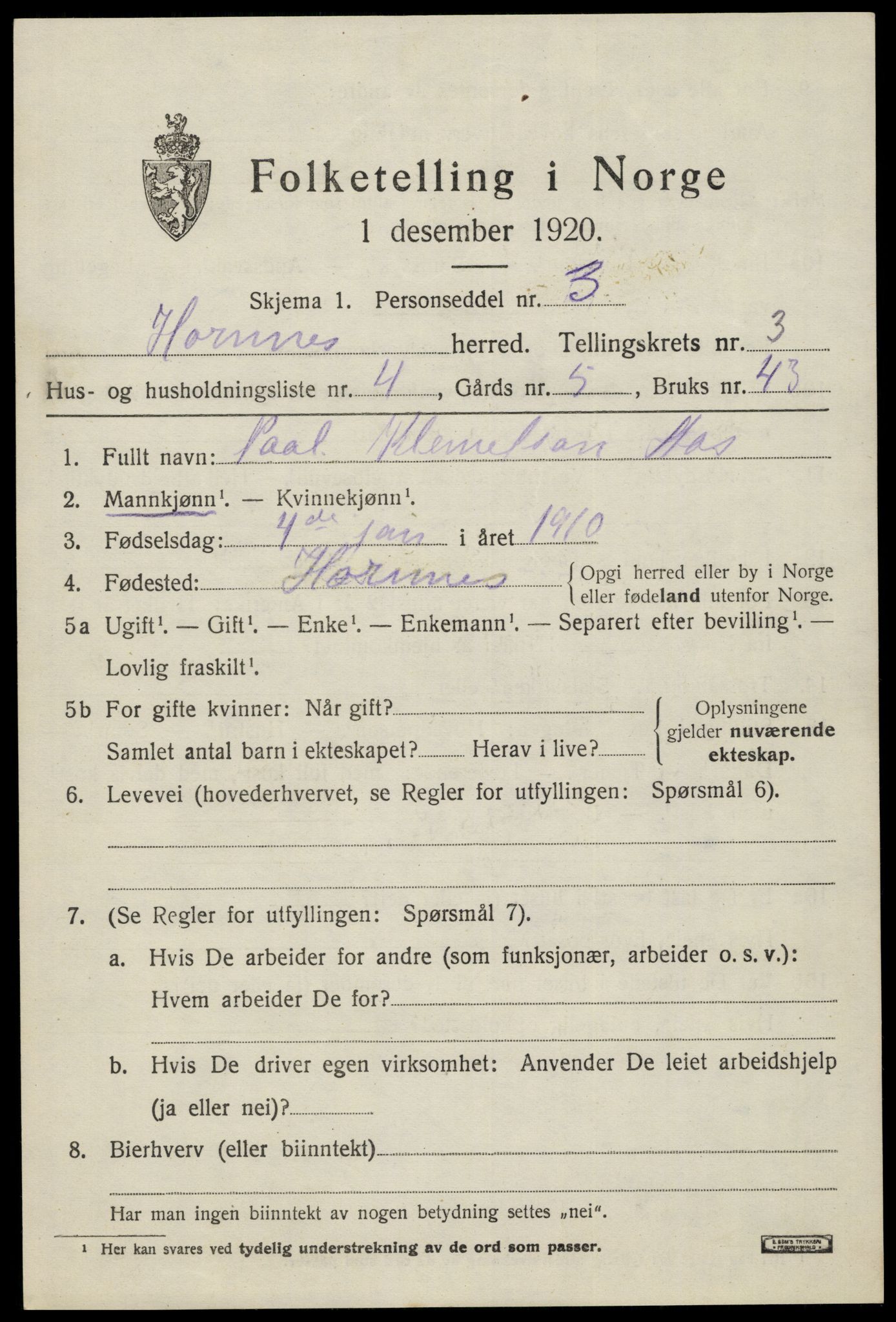 SAK, 1920 census for Hornnes, 1920, p. 829