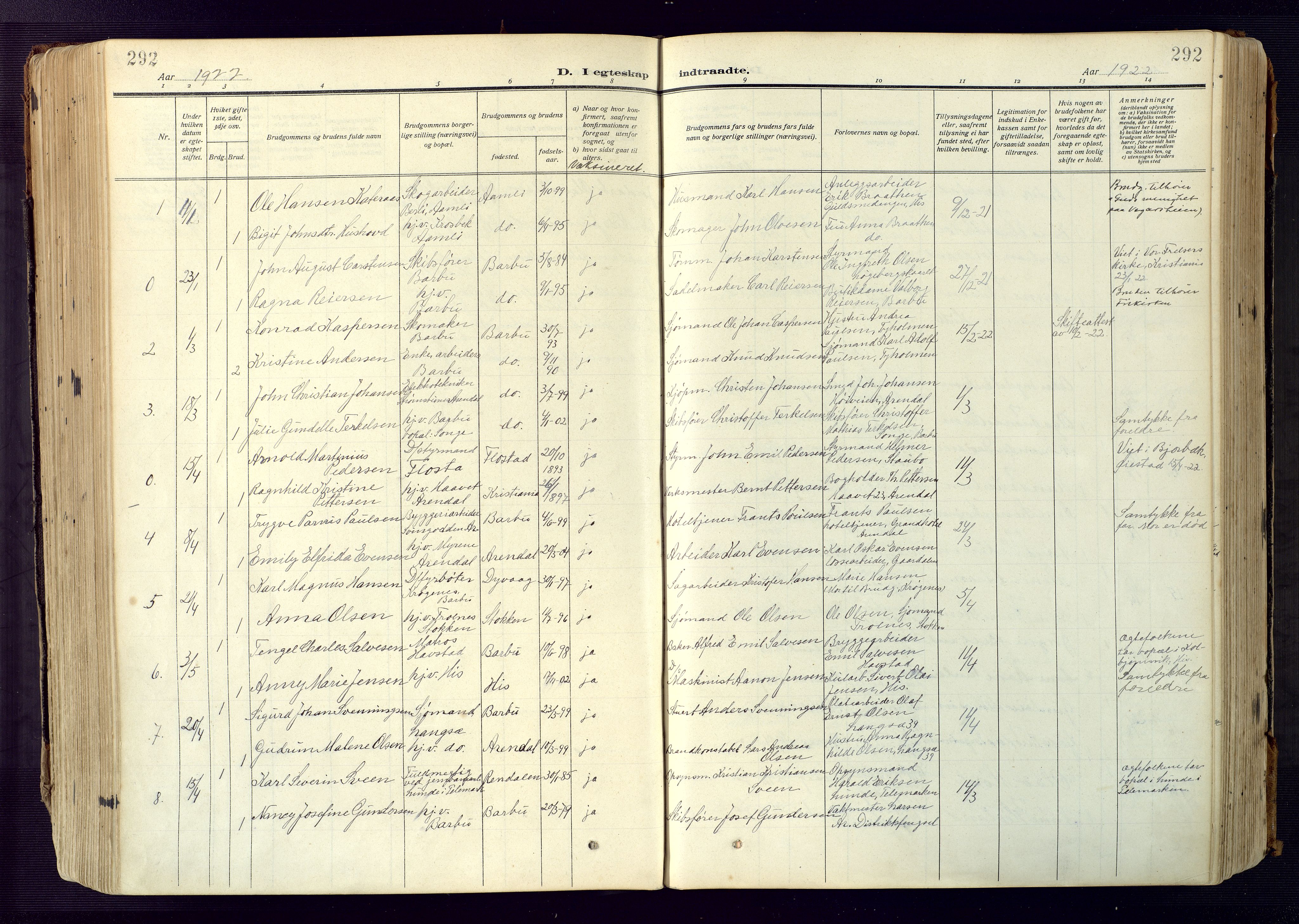 Barbu sokneprestkontor, AV/SAK-1111-0003/F/Fa/L0006: Parish register (official) no. A 6, 1910-1929, p. 292