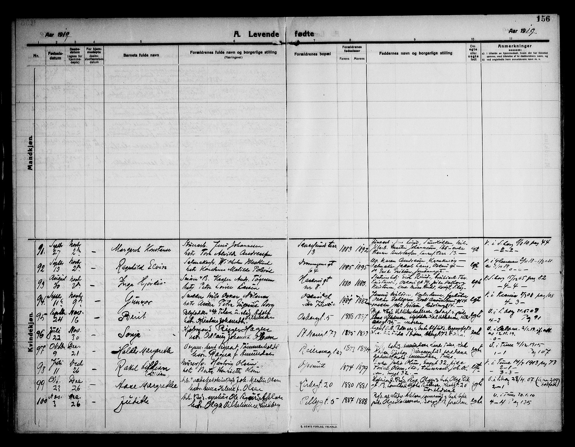 Sarpsborg prestekontor Kirkebøker, AV/SAO-A-2006/F/Fa/L0008: Parish register (official) no. 8, 1910-1920, p. 156