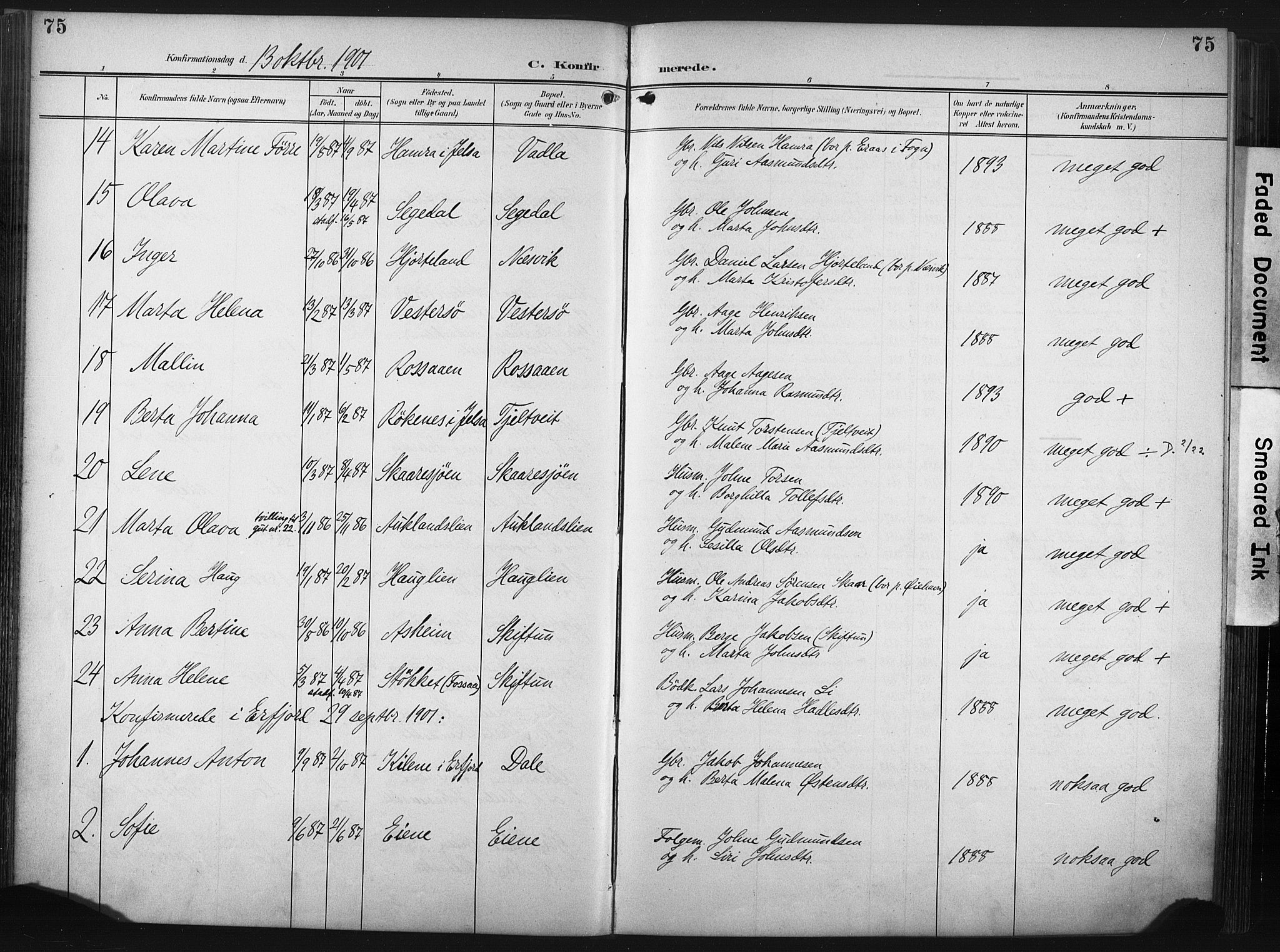 Hjelmeland sokneprestkontor, AV/SAST-A-101843/02/A/L0002: Parish register (official) no. A 17, 1901-1916, p. 75