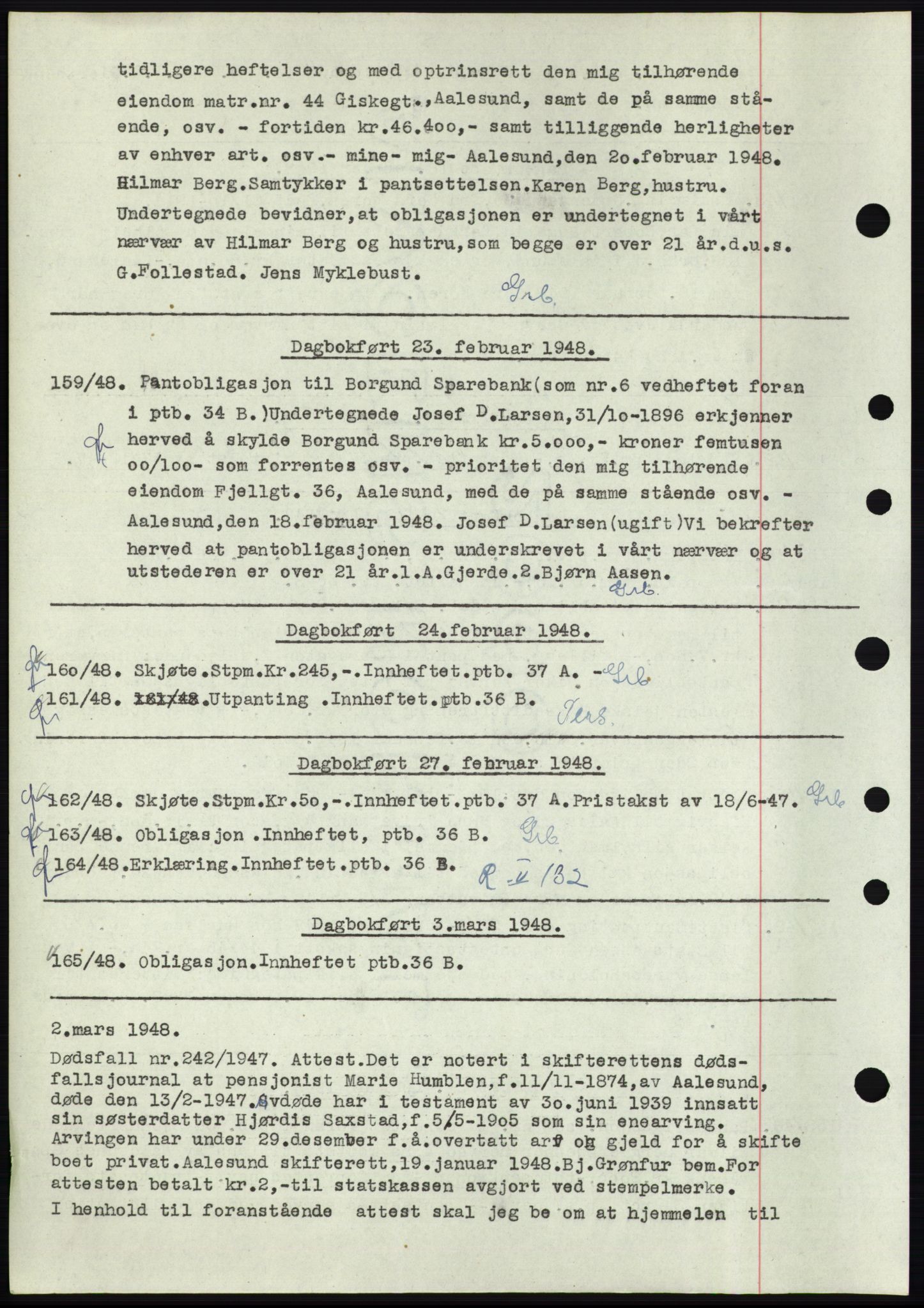 Ålesund byfogd, AV/SAT-A-4384: Mortgage book no. C34-35, 1946-1950, Diary no: : 159/1948