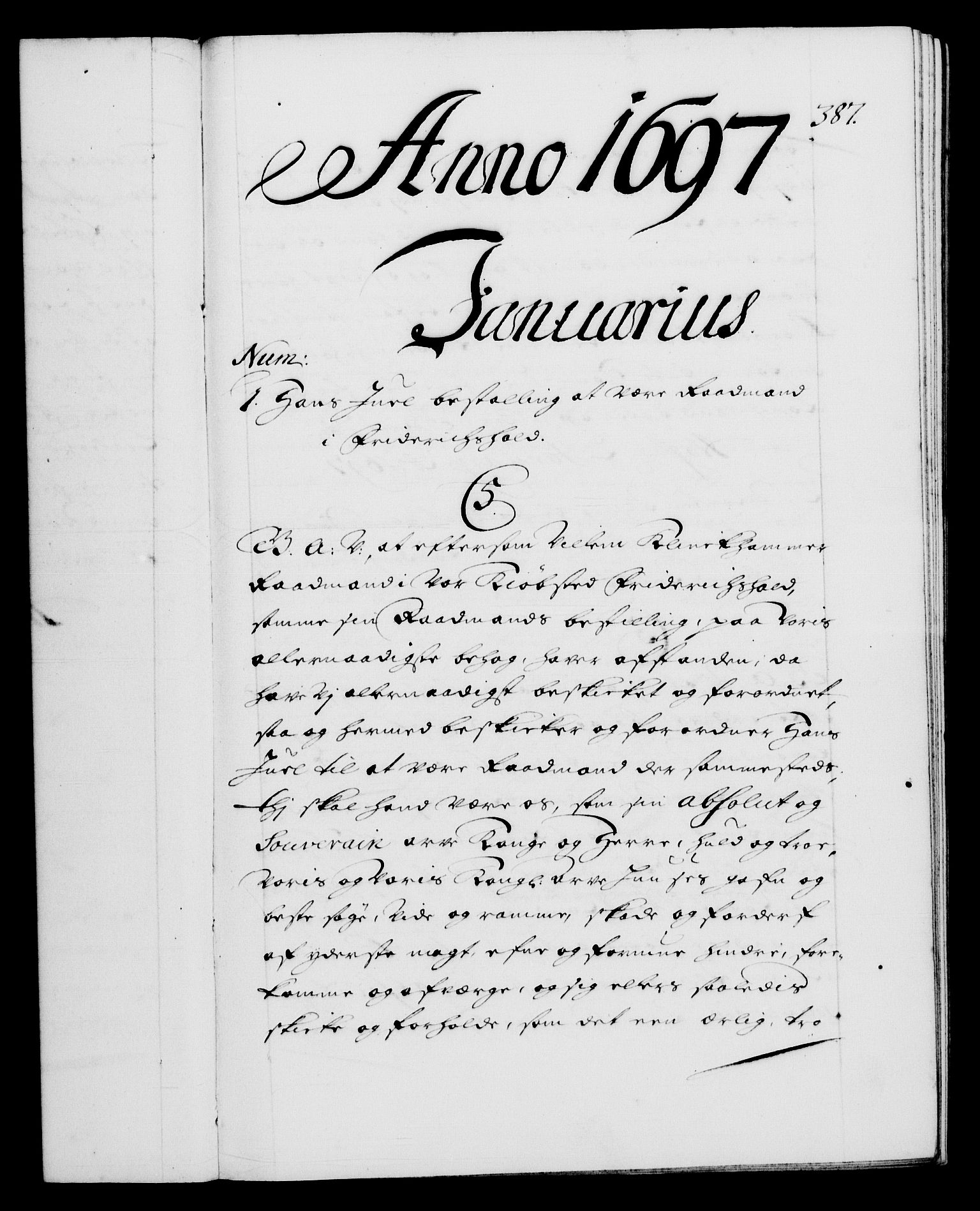 Danske Kanselli 1572-1799, RA/EA-3023/F/Fc/Fca/Fcaa/L0016: Norske registre (mikrofilm), 1692-1697, p. 387a