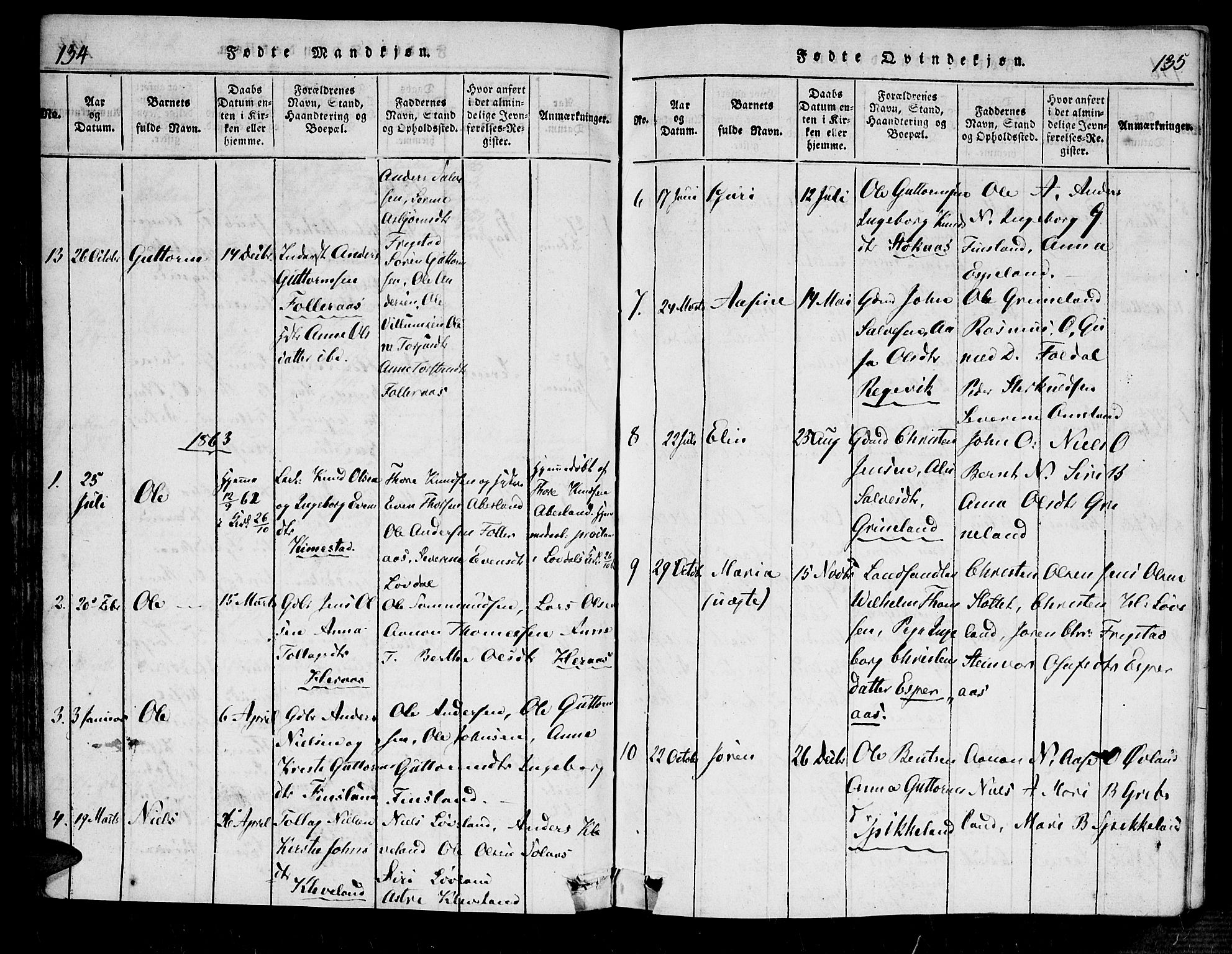 Bjelland sokneprestkontor, SAK/1111-0005/F/Fa/Fab/L0002: Parish register (official) no. A 2, 1816-1869, p. 134-135