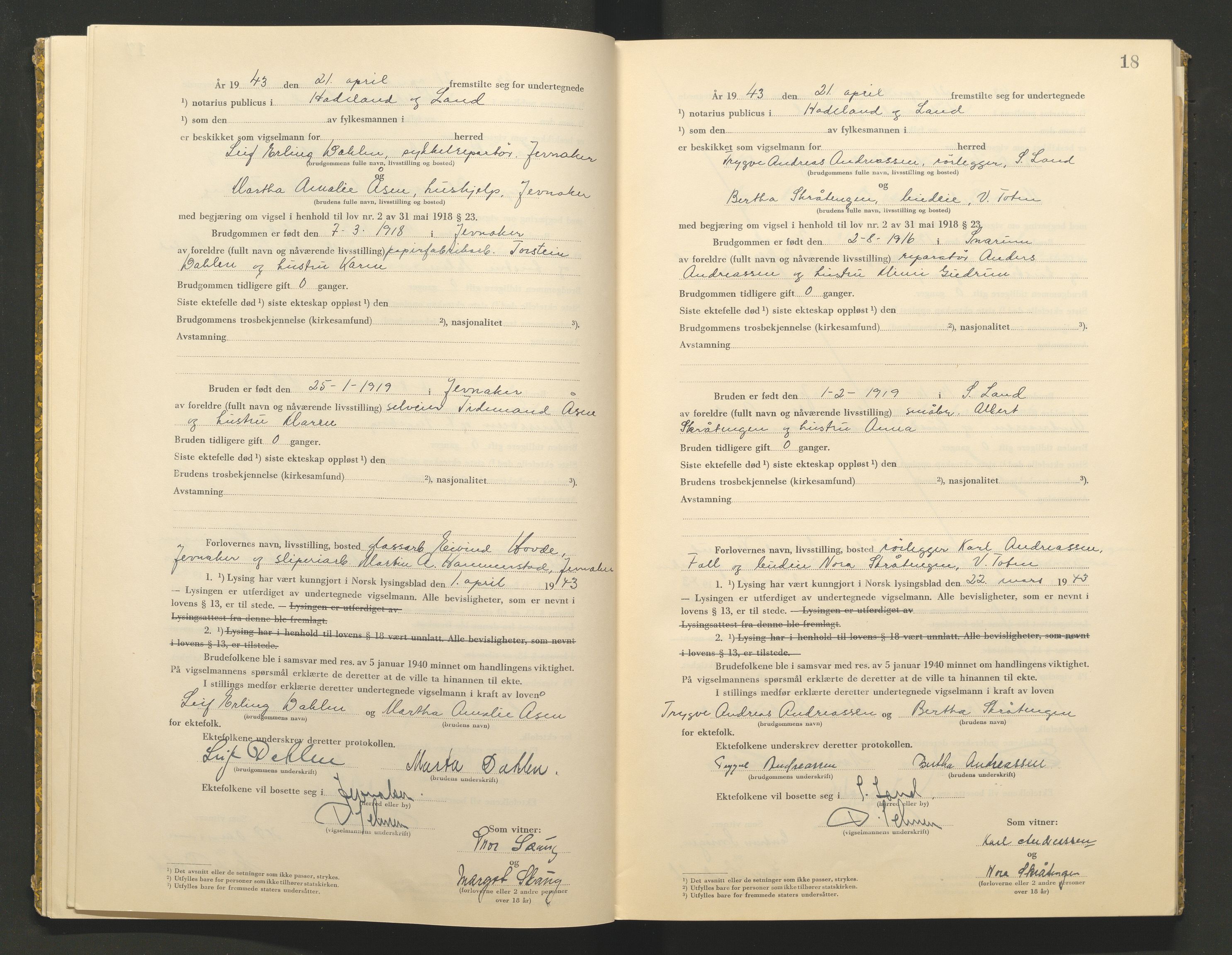 Hadeland og Land tingrett, AV/SAH-TING-010/L/Lb/L0002: Vigselbok, 1943-1944, p. 18