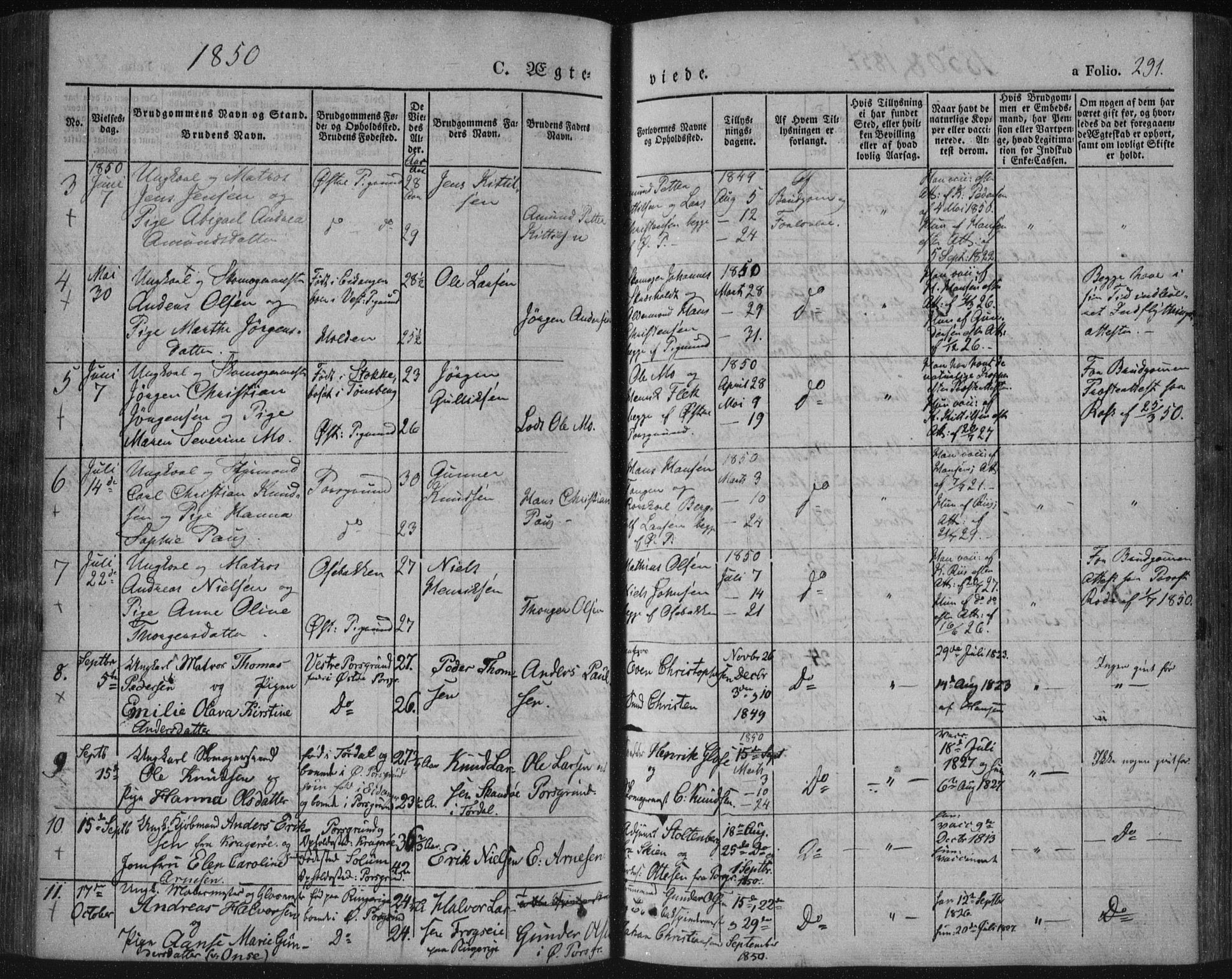 Porsgrunn kirkebøker , SAKO/A-104/F/Fa/L0006: Parish register (official) no. 6, 1841-1857, p. 291