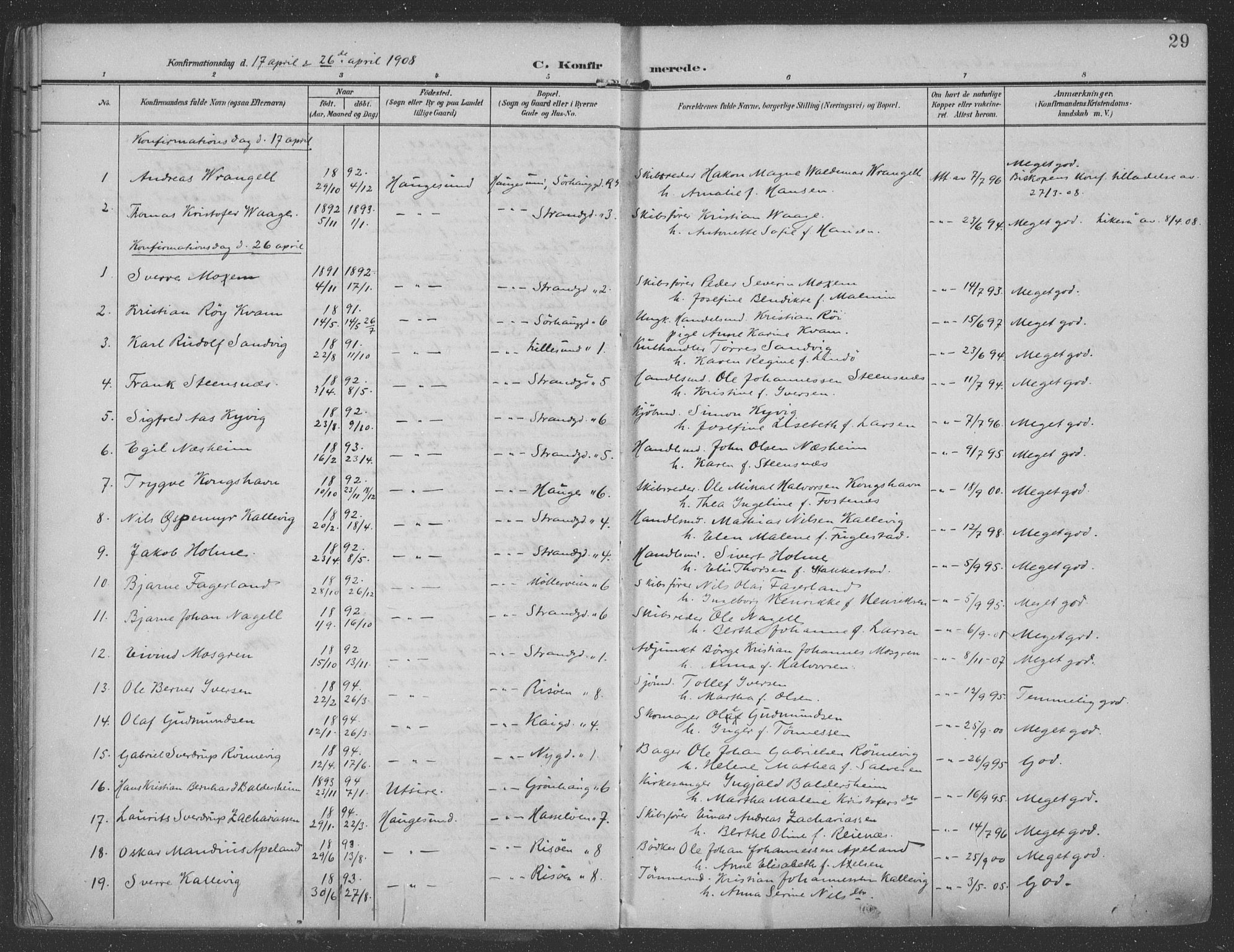 Haugesund sokneprestkontor, AV/SAST-A -101863/H/Ha/Haa/L0007: Parish register (official) no. A 7, 1904-1916, p. 29