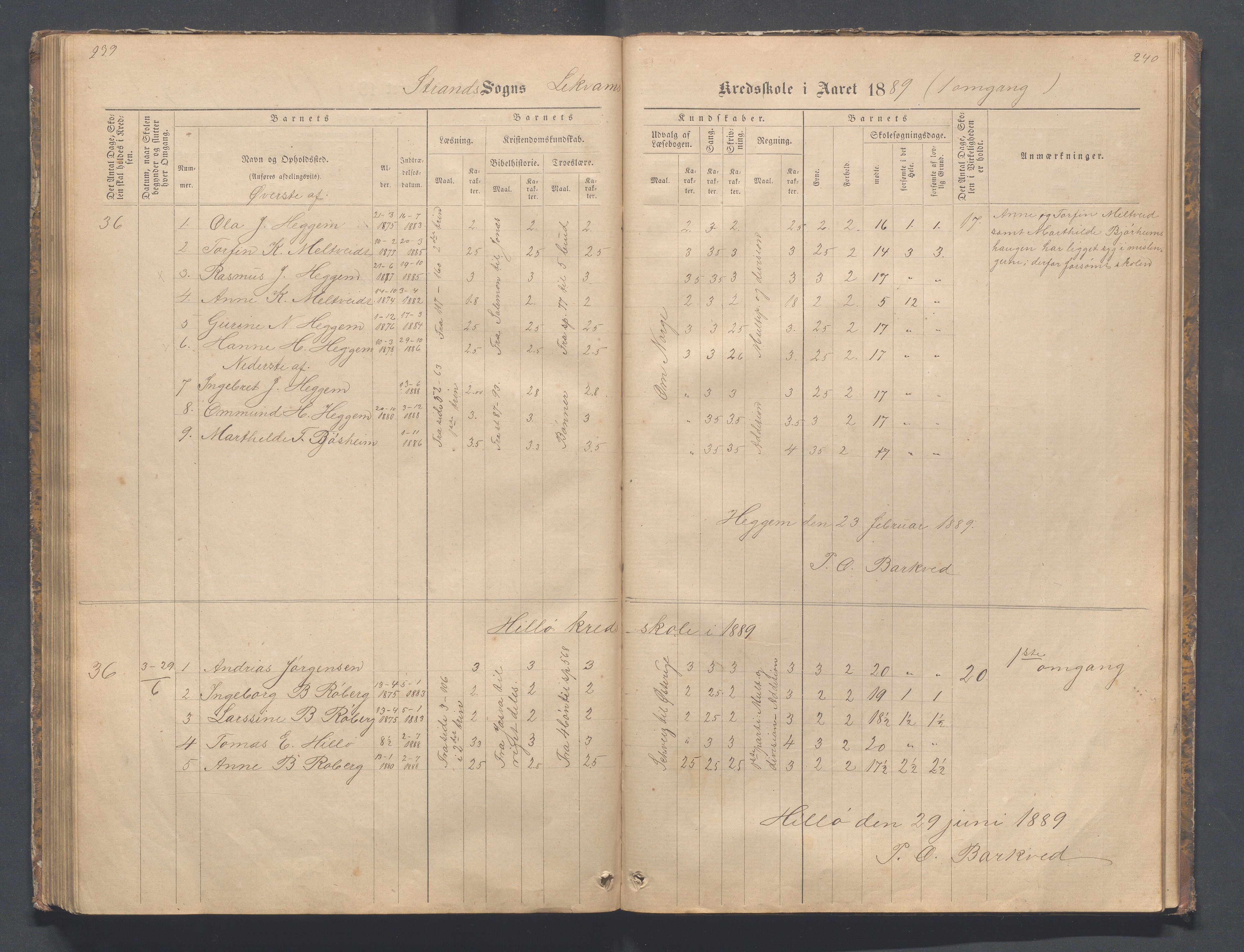 Strand kommune - Bjørheimsbygd skole, IKAR/A-147/H/L0001: Skoleprotokoll for Bjørheimsbygd,Lekvam og Hidle krets, 1873-1884, p. 239-240