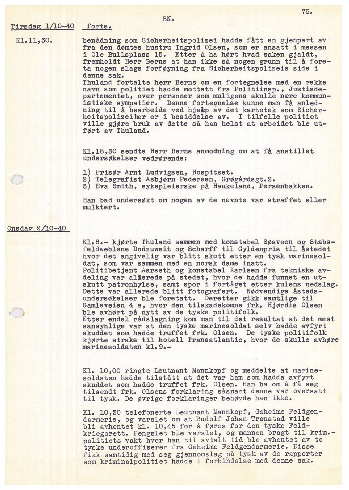Bergen politikammer / politidistrikt, SAB/A-60401/Y/Ye/L0001: Avskrift av krigsdagbok av Dankert Thuland, 1940-1941, p. 76