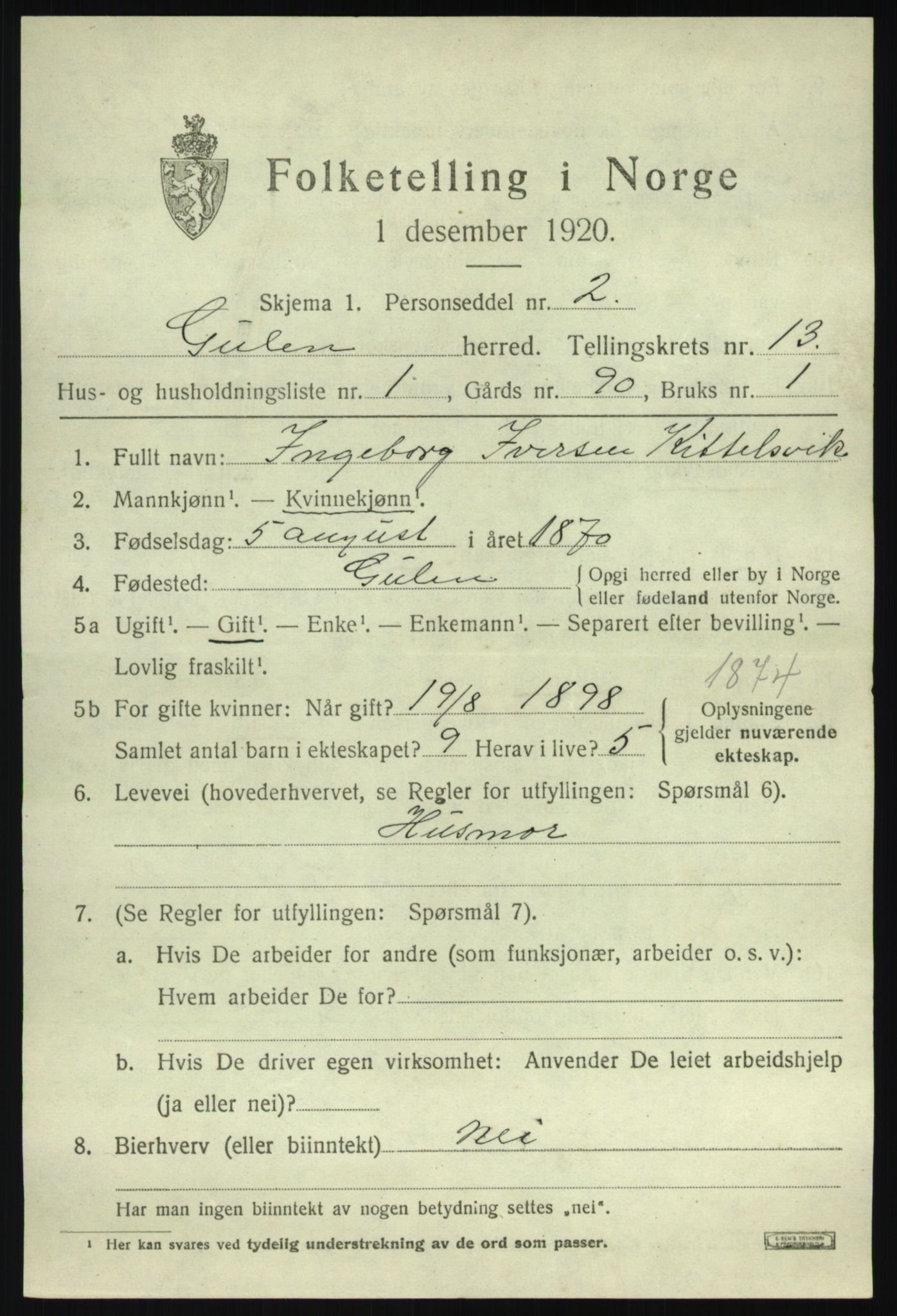 SAB, 1920 census for Gulen, 1920, p. 5799