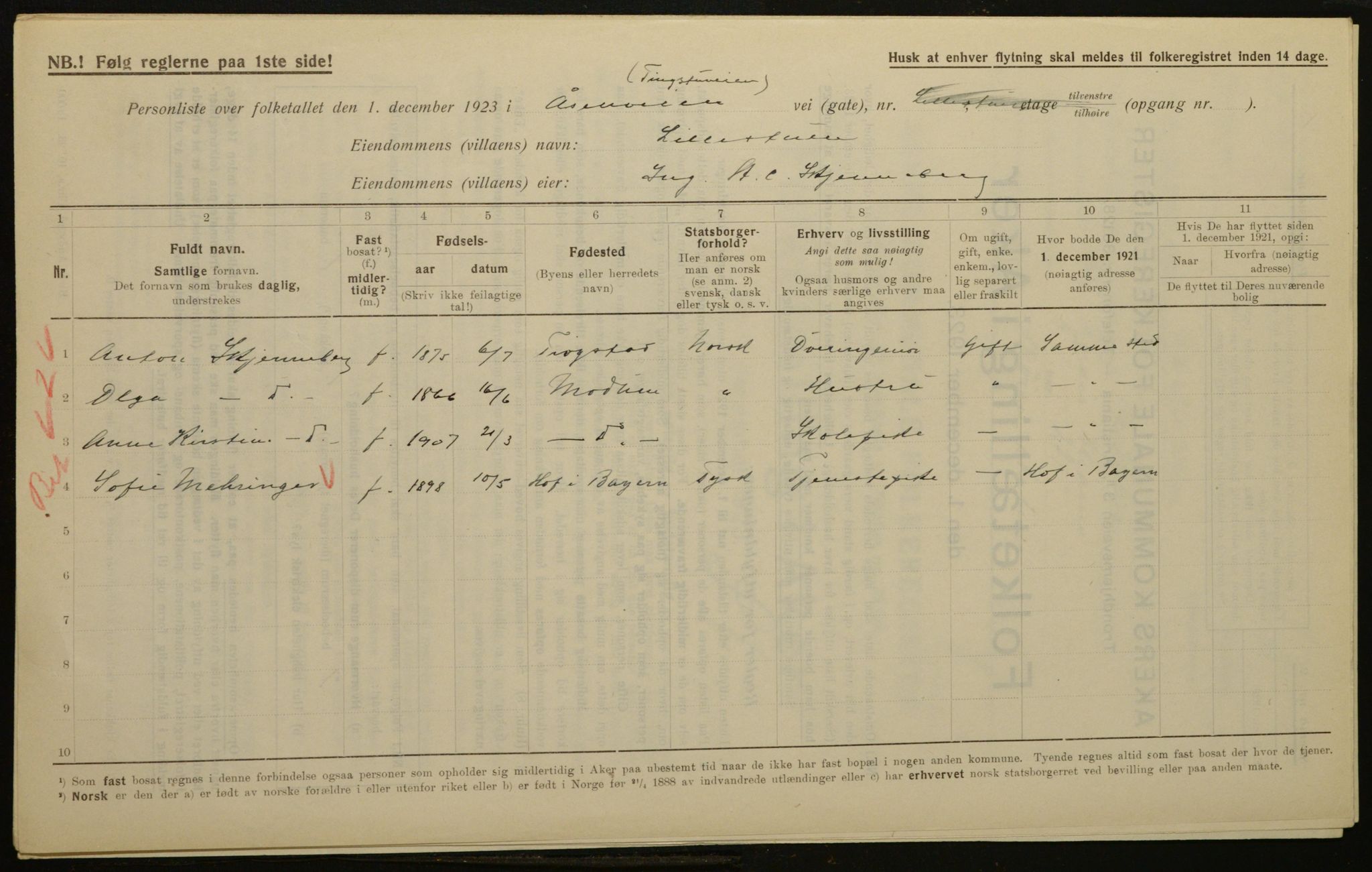 , Municipal Census 1923 for Aker, 1923, p. 77