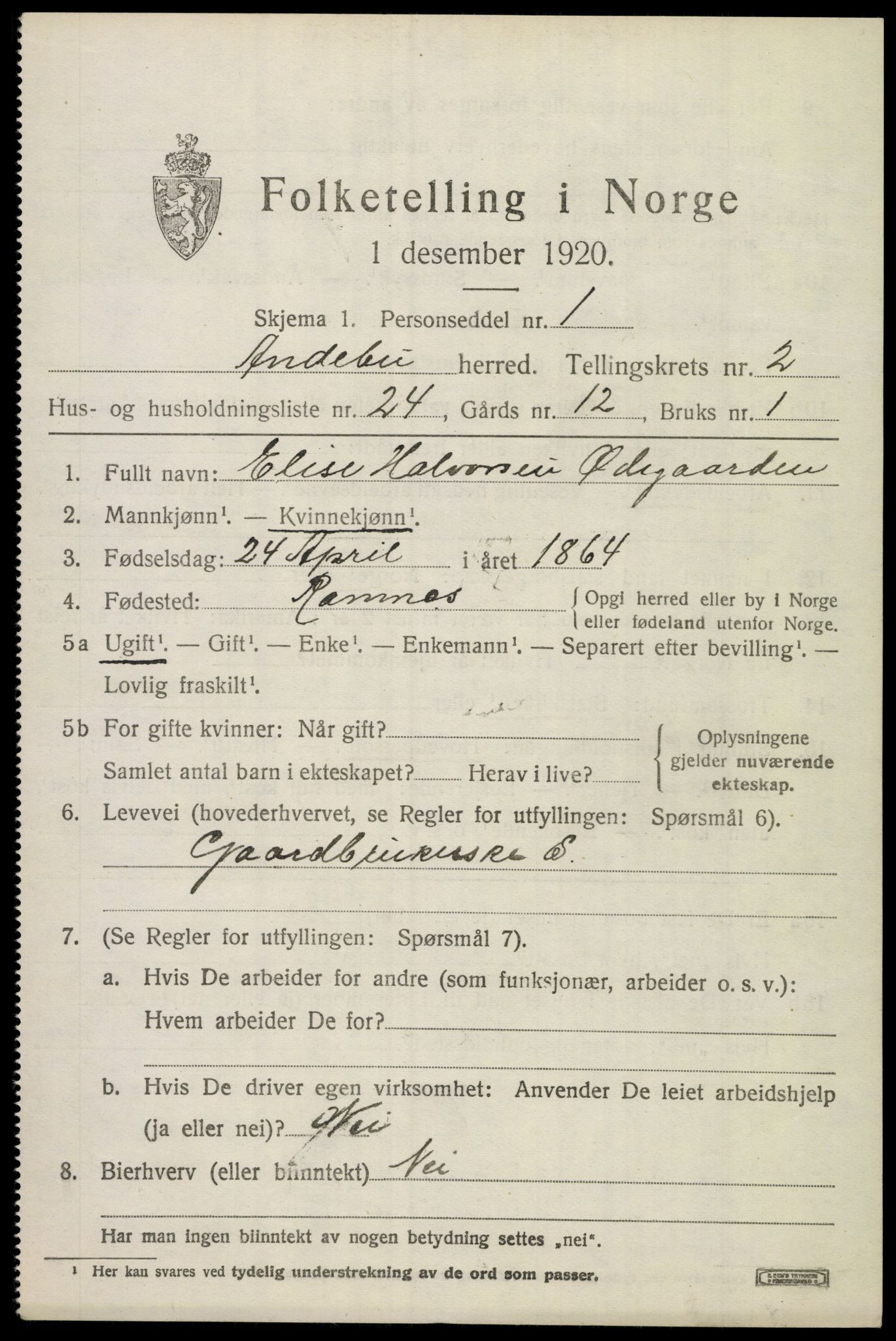 SAKO, 1920 census for Andebu, 1920, p. 1816