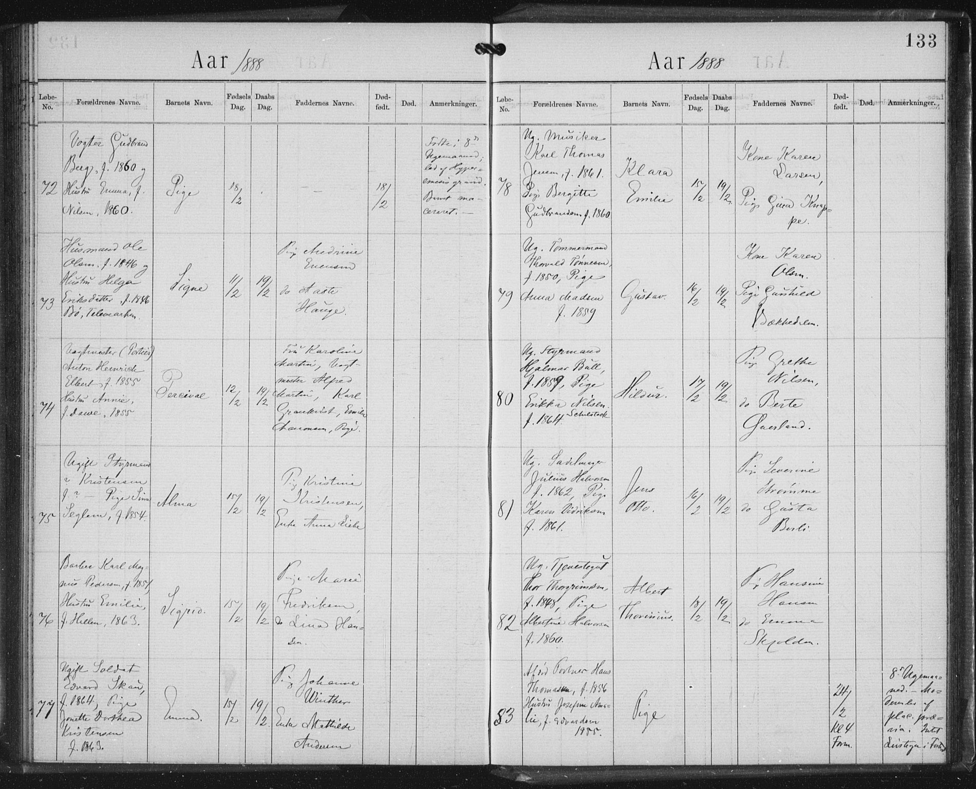 Rikshospitalet prestekontor Kirkebøker, SAO/A-10309b/K/L0003/0002: Baptism register no. 3.2, 1884-1889, p. 133