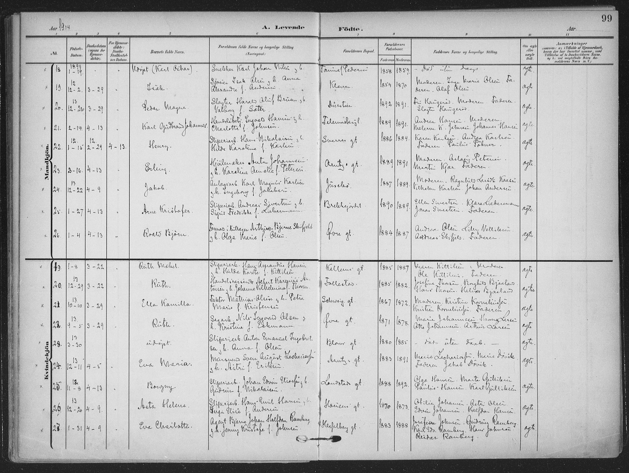 Skien kirkebøker, AV/SAKO-A-302/F/Fa/L0012: Parish register (official) no. 12, 1908-1914, p. 99