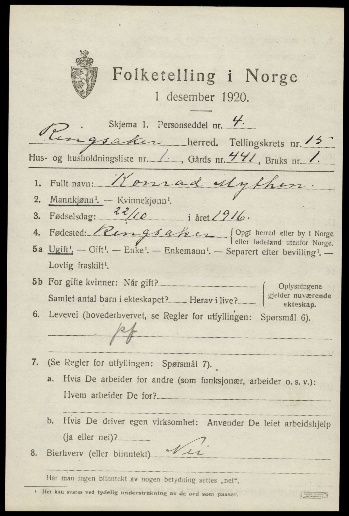 SAH, 1920 census for Ringsaker, 1920, p. 21860