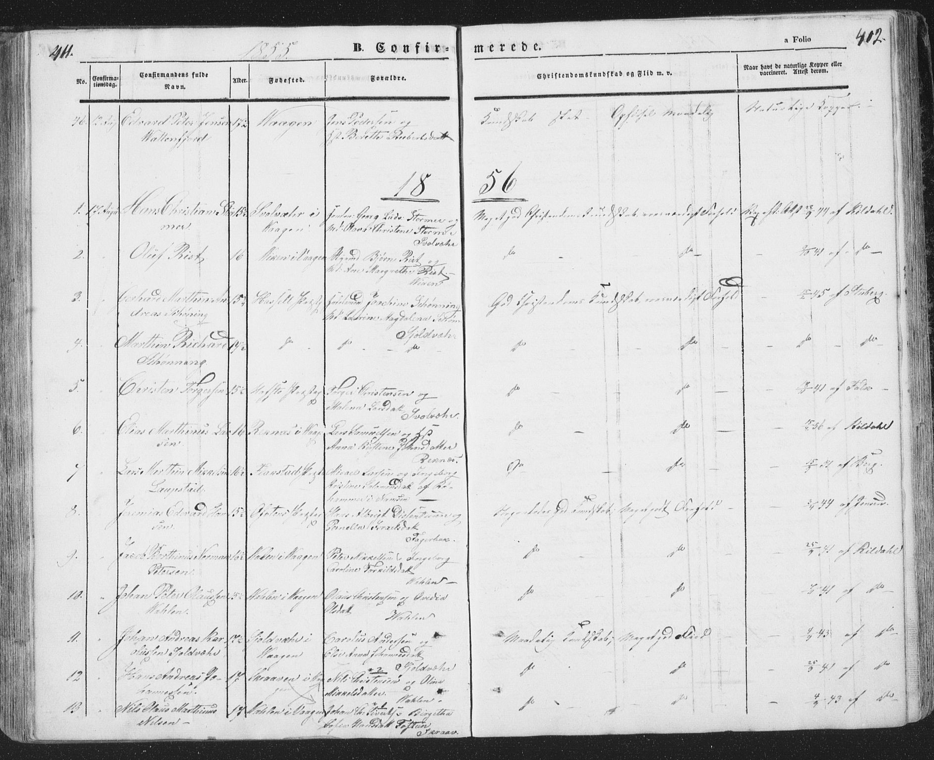 Ministerialprotokoller, klokkerbøker og fødselsregistre - Nordland, SAT/A-1459/874/L1072: Parish register (copy) no. 874C01, 1843-1859, p. 411-412