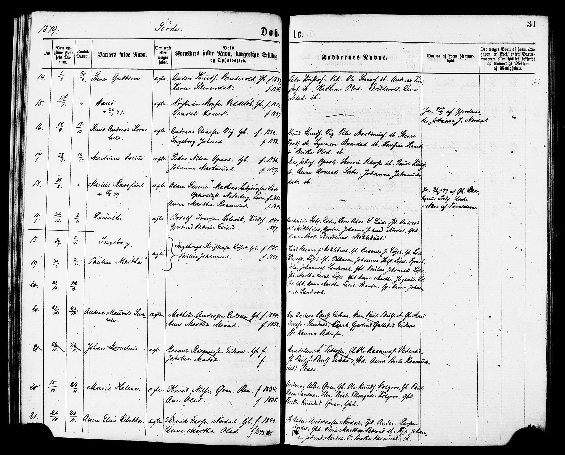 Ministerialprotokoller, klokkerbøker og fødselsregistre - Møre og Romsdal, AV/SAT-A-1454/502/L0024: Parish register (official) no. 502A02, 1873-1884, p. 31