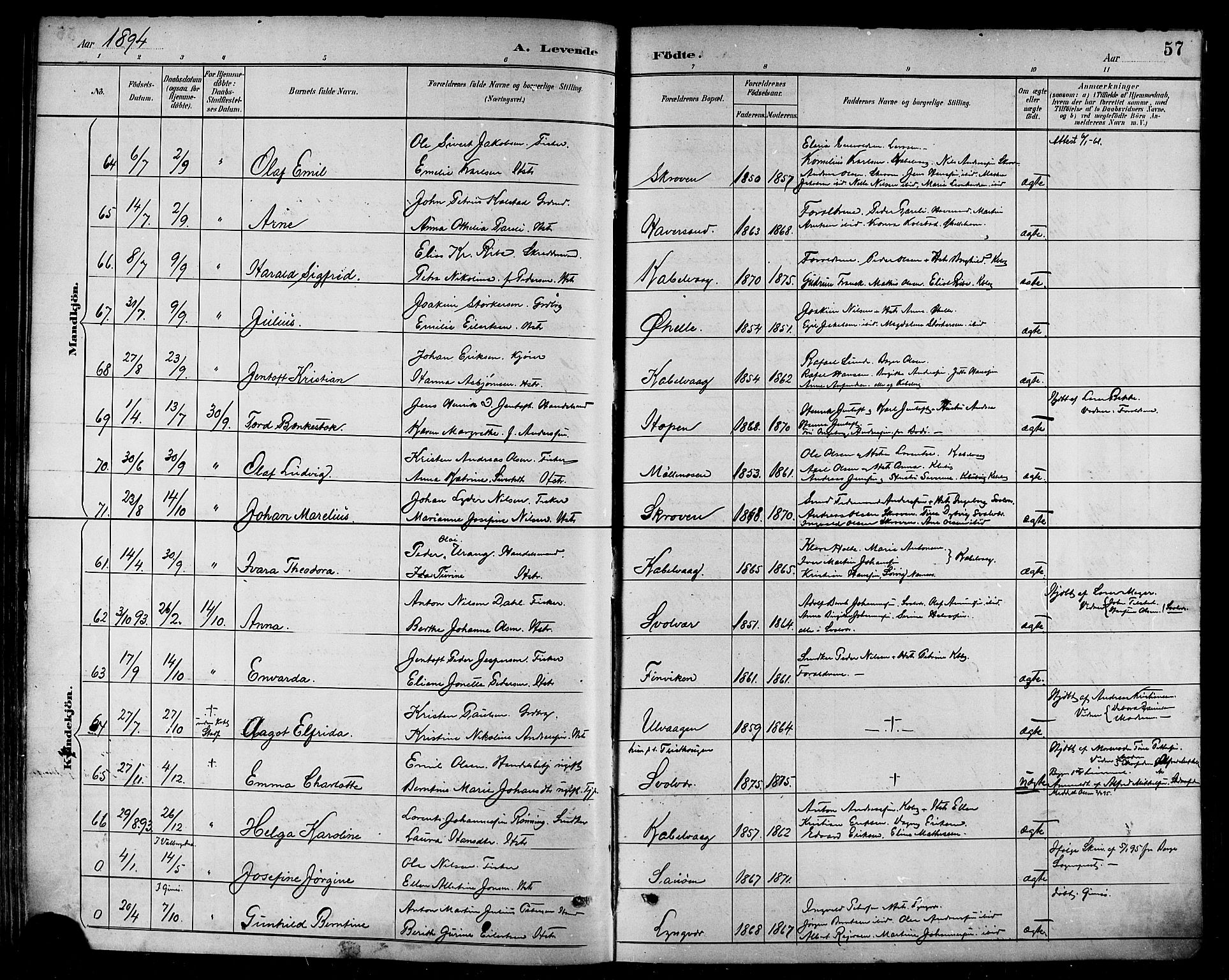 Ministerialprotokoller, klokkerbøker og fødselsregistre - Nordland, AV/SAT-A-1459/874/L1060: Parish register (official) no. 874A04, 1890-1899, p. 57