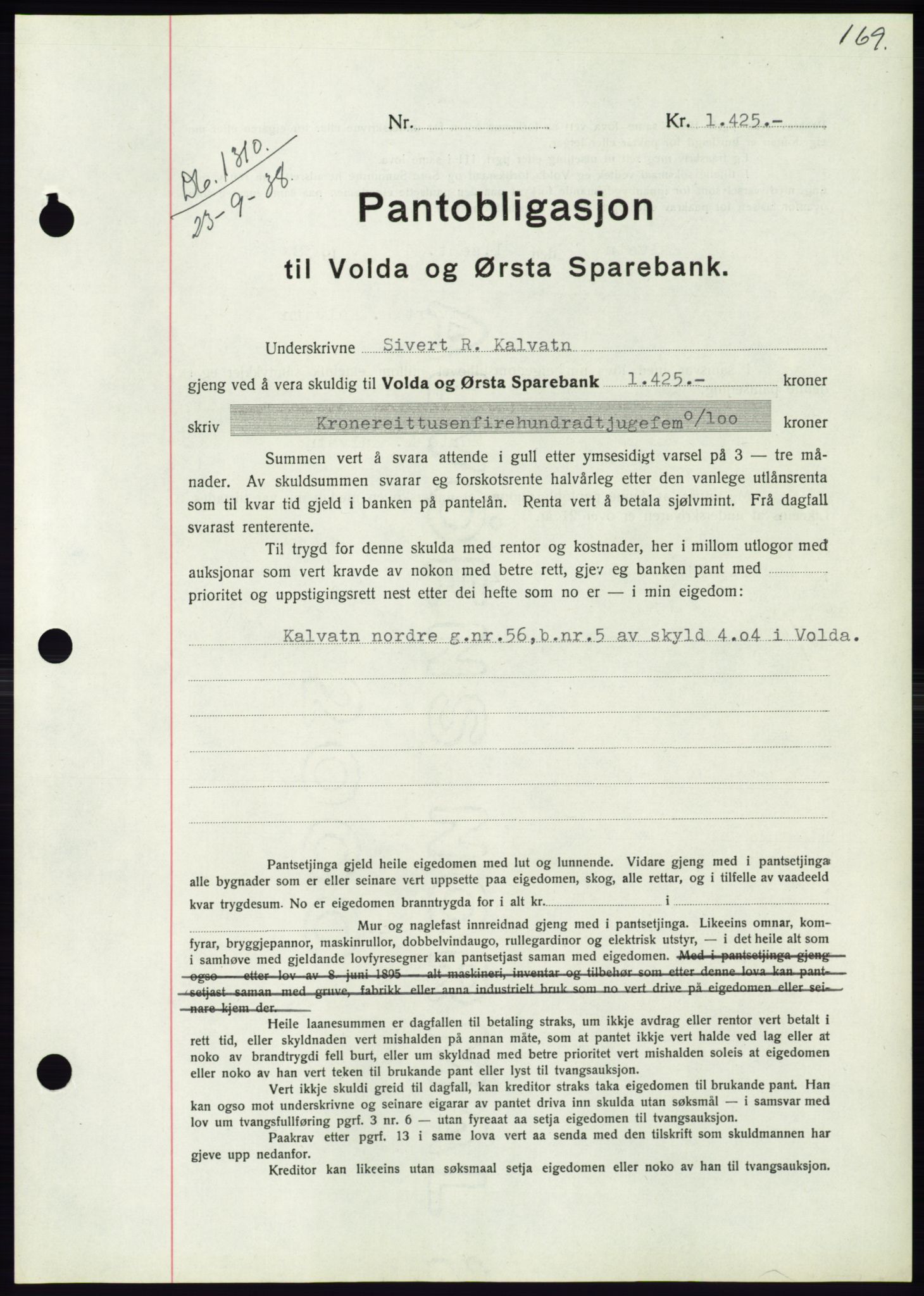 Søre Sunnmøre sorenskriveri, AV/SAT-A-4122/1/2/2C/L0066: Mortgage book no. 60, 1938-1938, Diary no: : 1310/1938