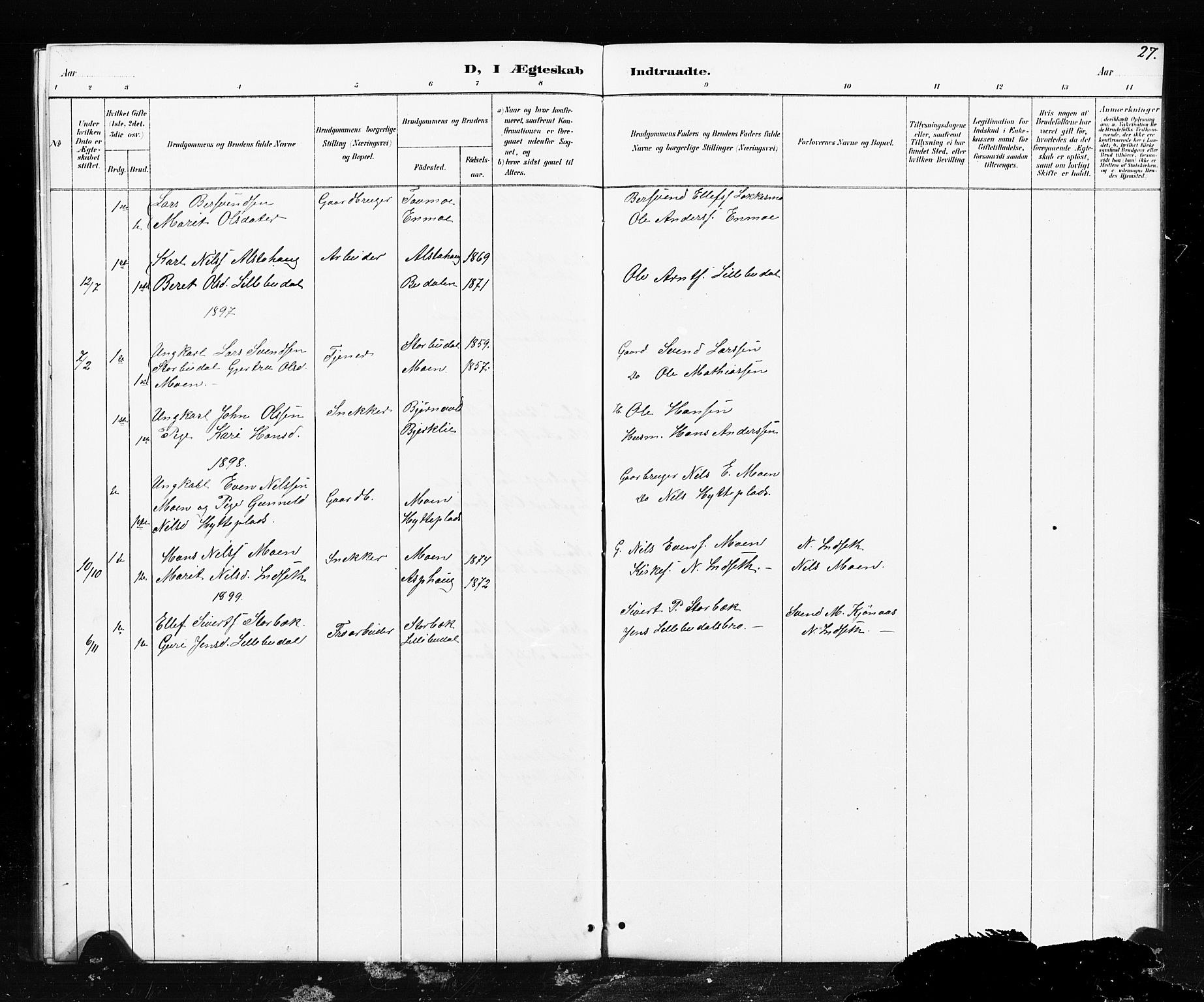 Ministerialprotokoller, klokkerbøker og fødselsregistre - Sør-Trøndelag, AV/SAT-A-1456/690/L1051: Parish register (copy) no. 690C01, 1887-1908, p. 27