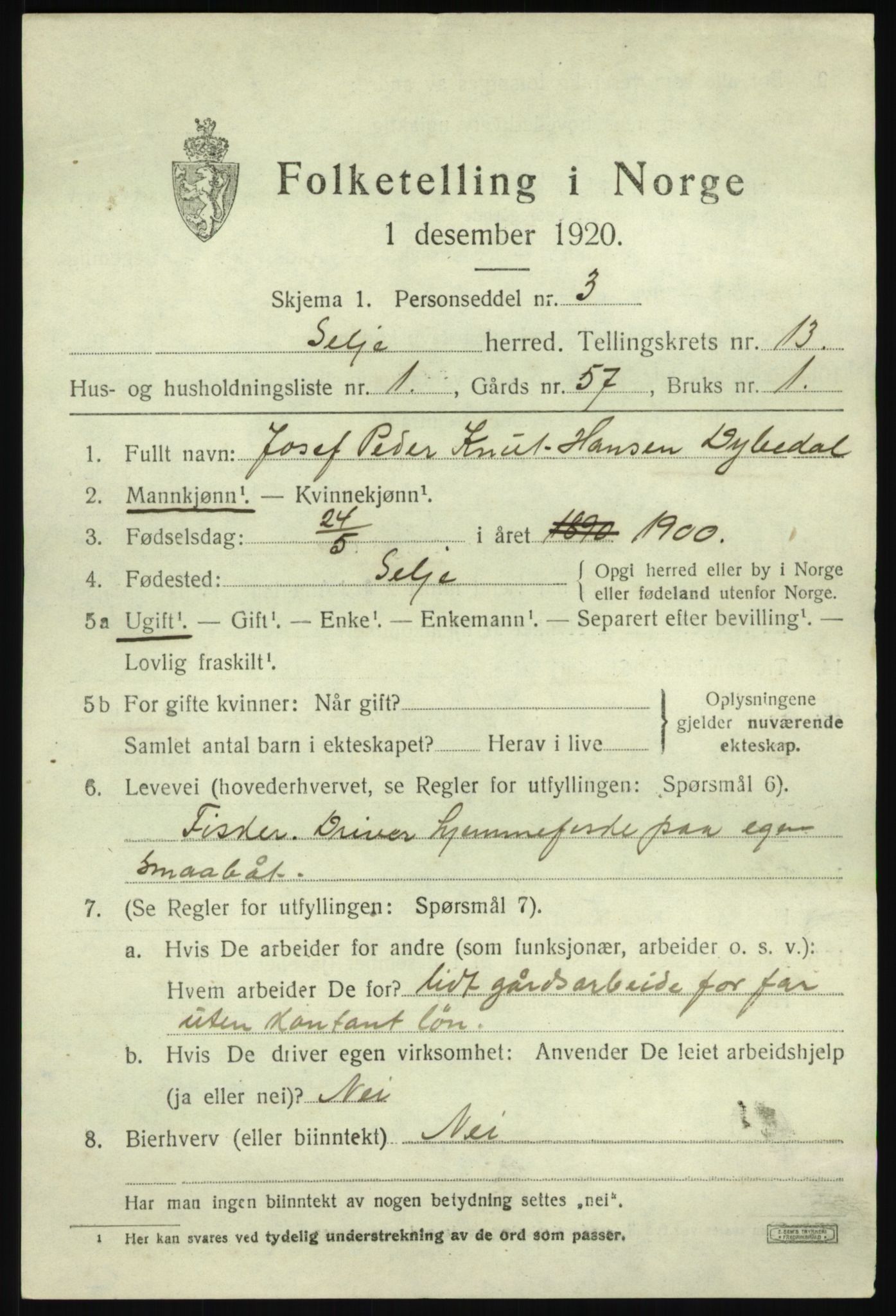 SAB, 1920 census for Selje, 1920, p. 5633