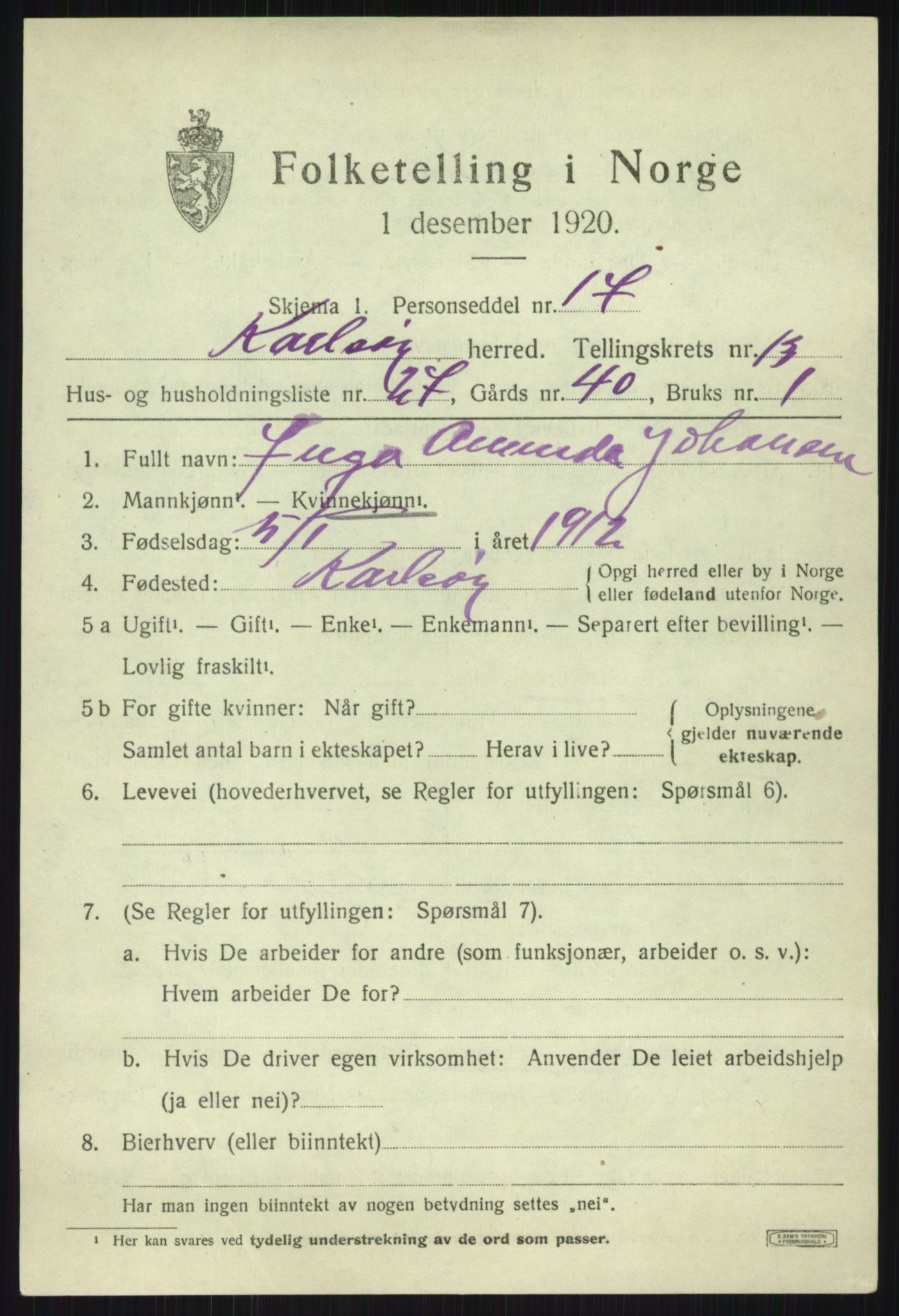 SATØ, 1920 census for Karlsøy, 1920, p. 5034