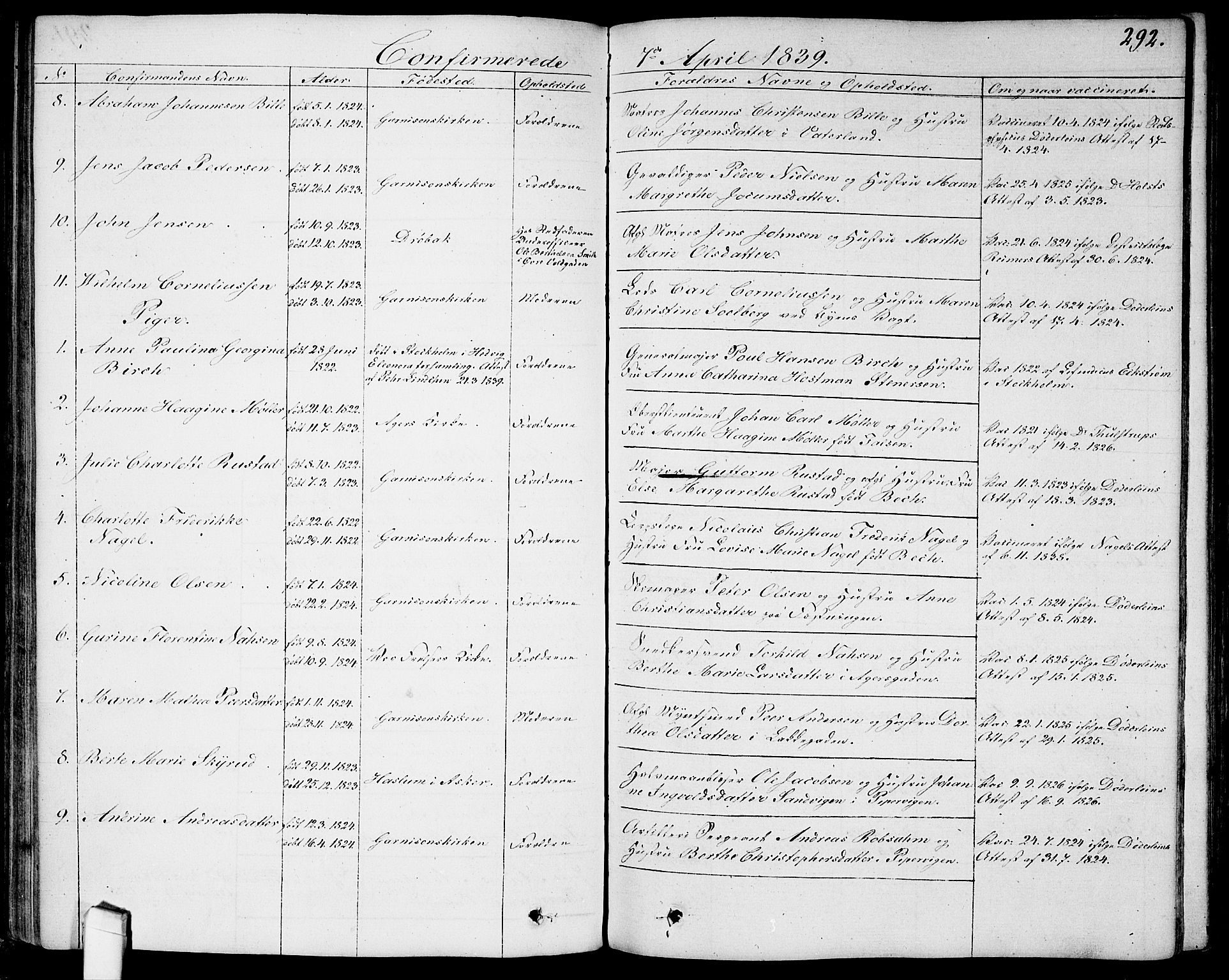 Garnisonsmenigheten Kirkebøker, AV/SAO-A-10846/G/Ga/L0004: Parish register (copy) no. 4, 1828-1840, p. 292