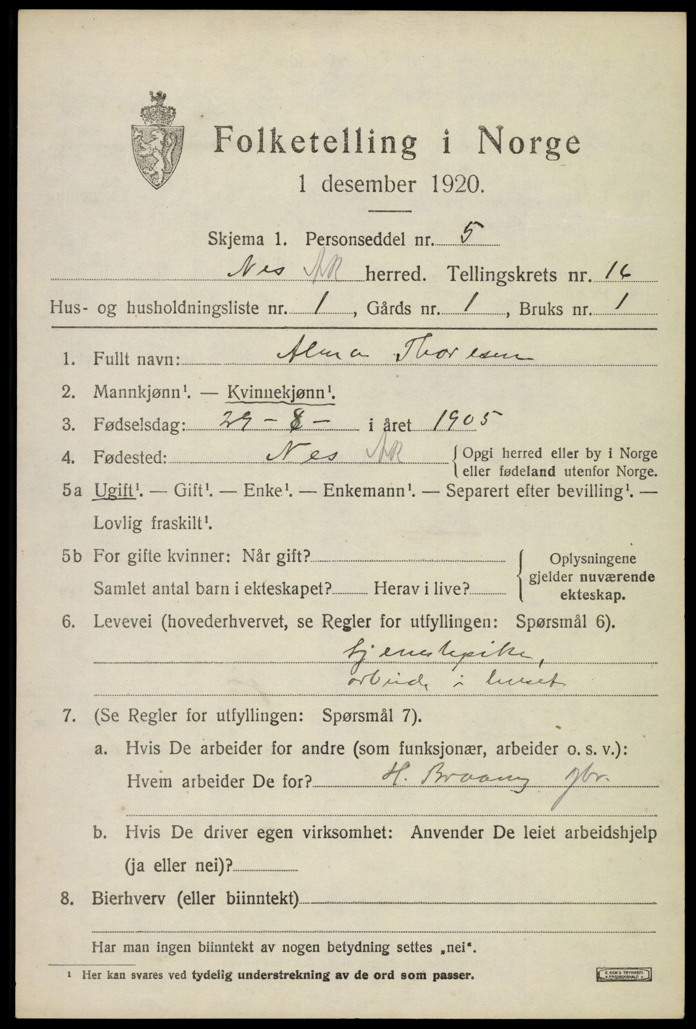 SAO, 1920 census for Nes, 1920, p. 15690