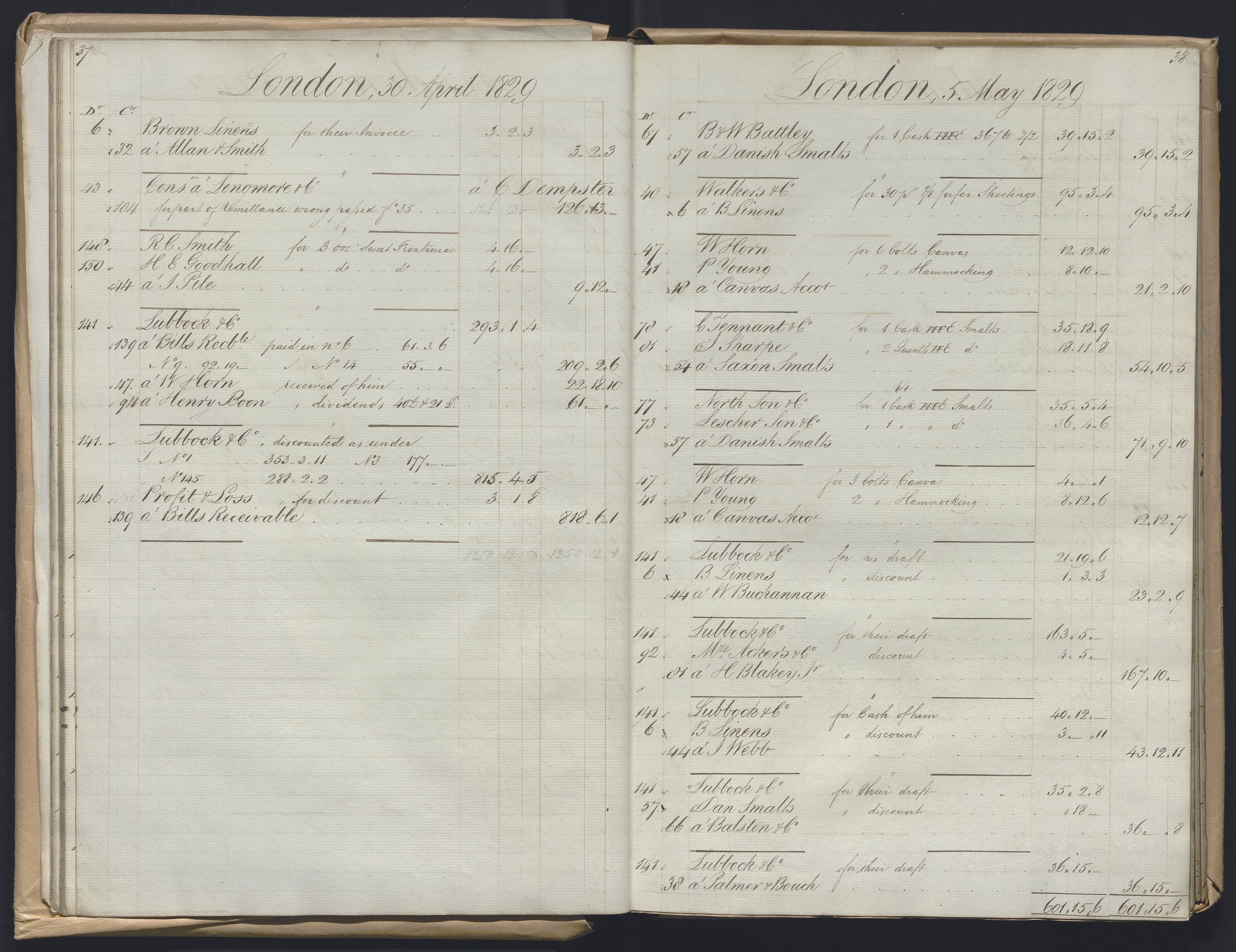 Smith, Goodhall & Reeves, RA/PA-0586/R/L0001: Dagbok (Daybook) A, 1829-1831, p. 37-38