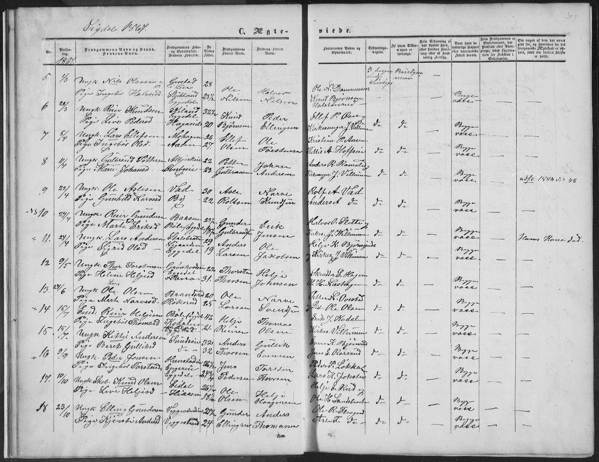 Sigdal kirkebøker, AV/SAKO-A-245/F/Fa/L0009b: Parish register (official) no. I 9B, 1860-1871, p. 307