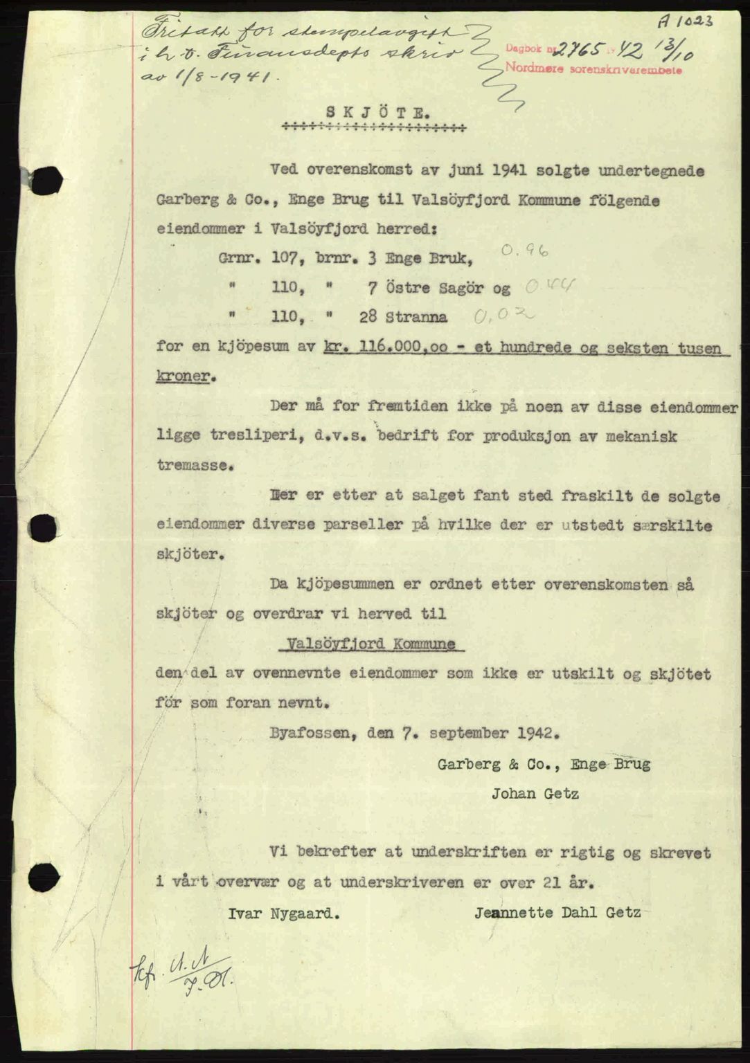 Nordmøre sorenskriveri, AV/SAT-A-4132/1/2/2Ca: Mortgage book no. A93, 1942-1942, Diary no: : 2765/1942