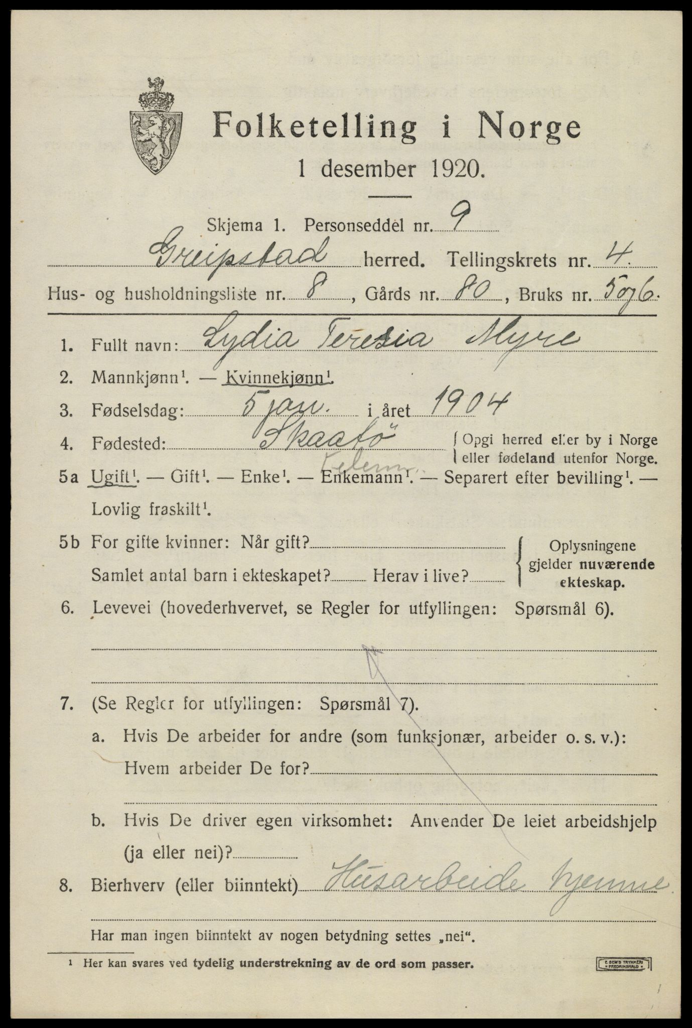 SAK, 1920 census for Greipstad, 1920, p. 1594