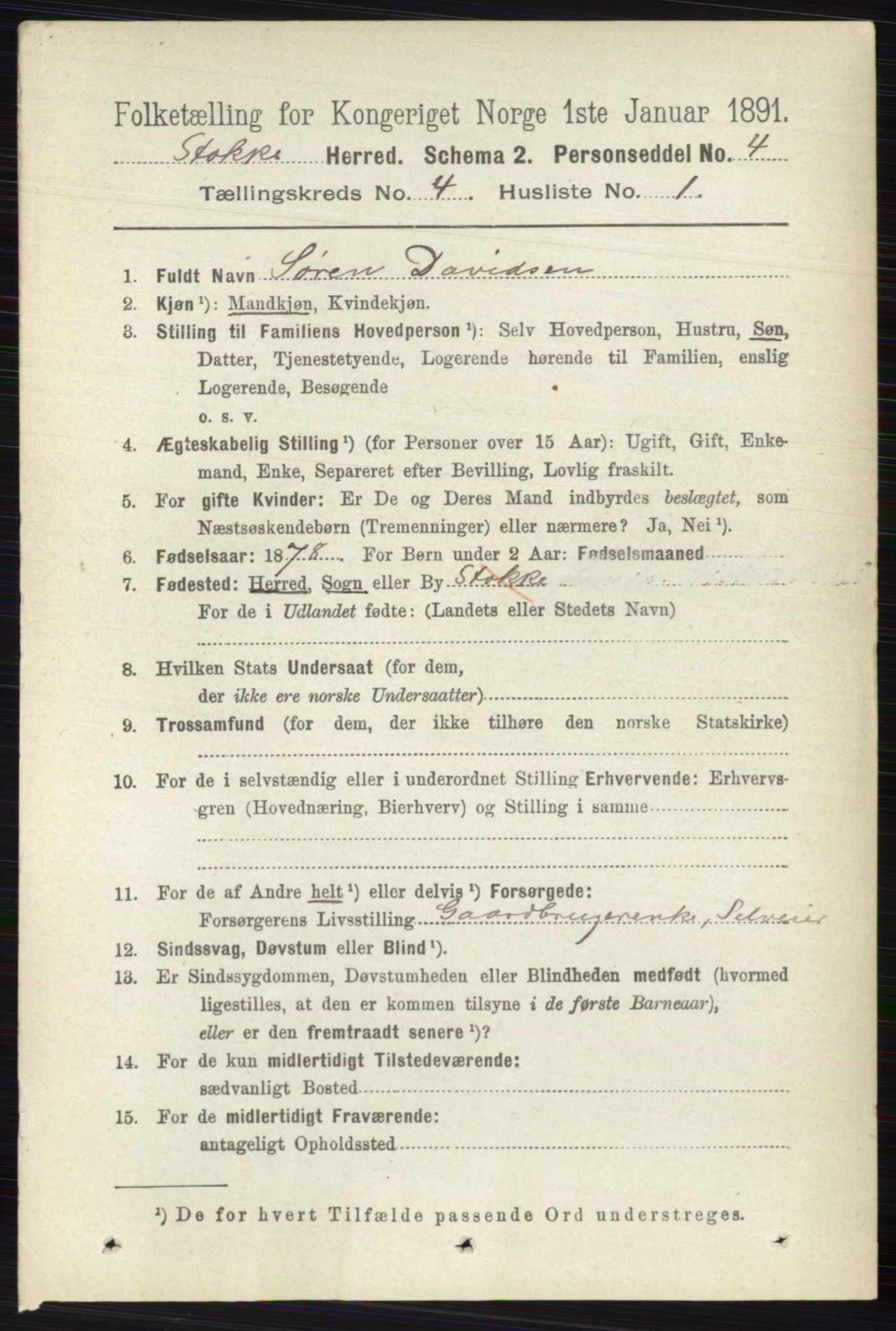 RA, 1891 census for 0720 Stokke, 1891, p. 2445