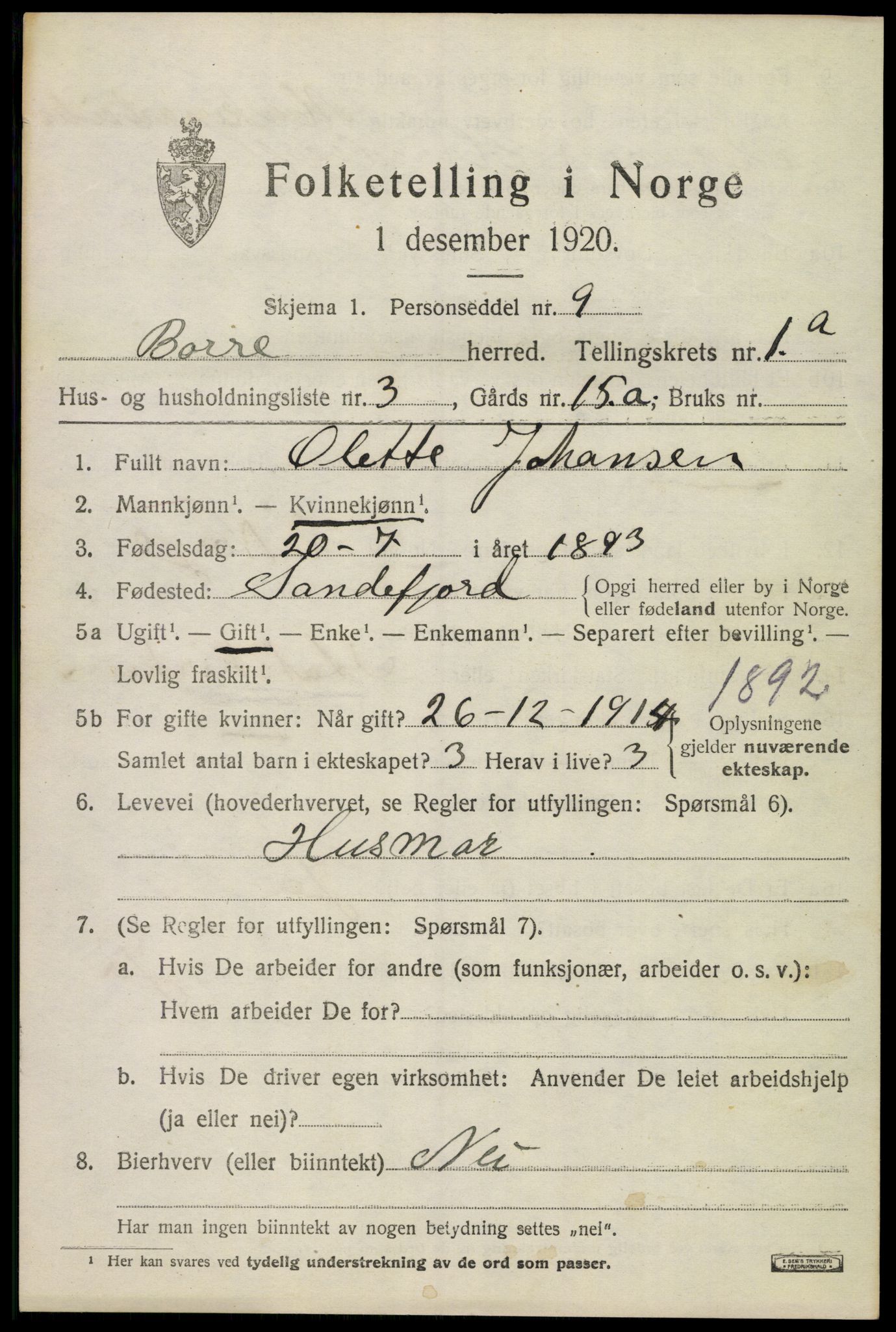 SAKO, 1920 census for Borre, 1920, p. 1424