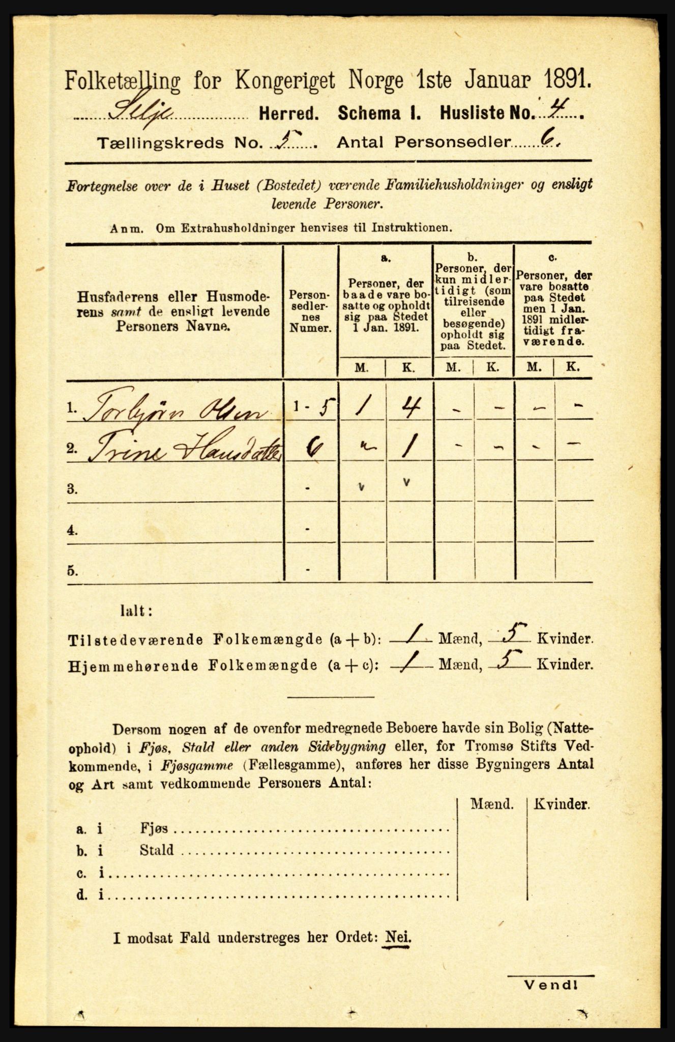 RA, 1891 census for 1441 Selje, 1891, p. 1355