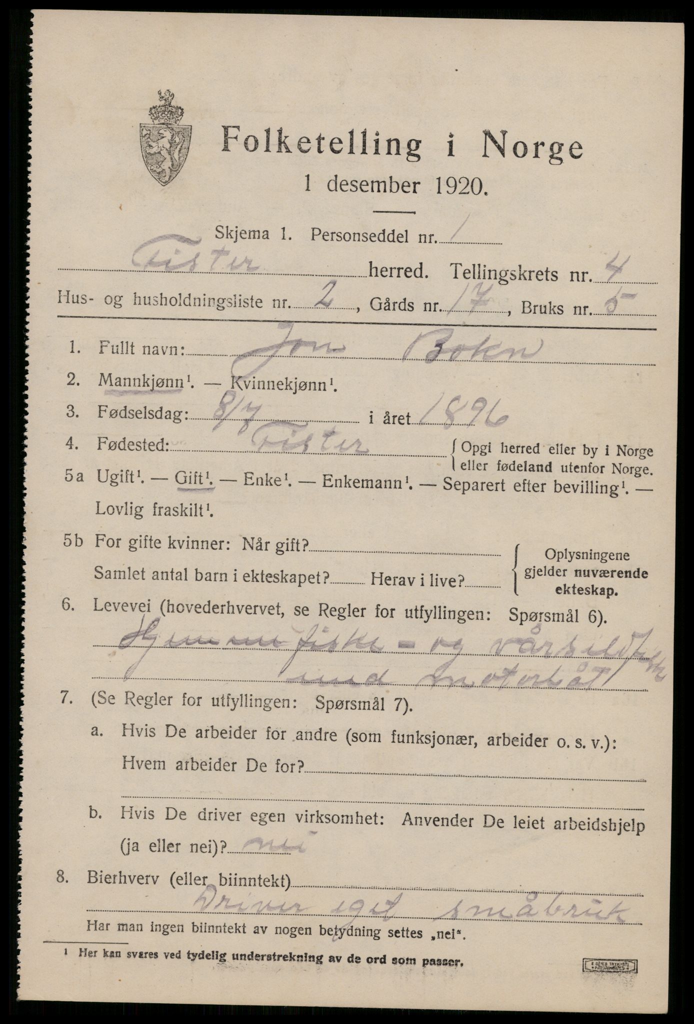 SAST, 1920 census for Fister, 1920, p. 1129